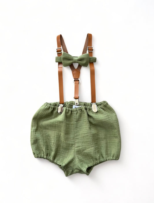 Sage Green Baby Boy First Birthday Outfit /Cake Smash Outfit / Bloomers Suspenders Bow Tie Outfit