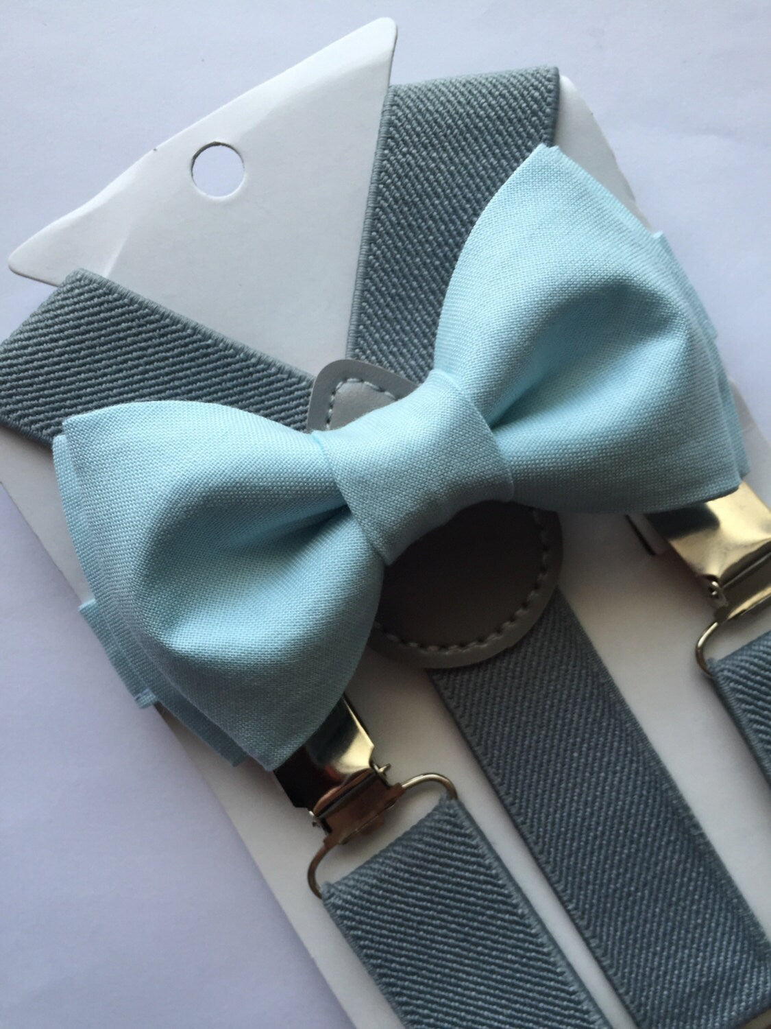 Light Blue Bow Tie and Grey Suspenders Set. Adult/Kids