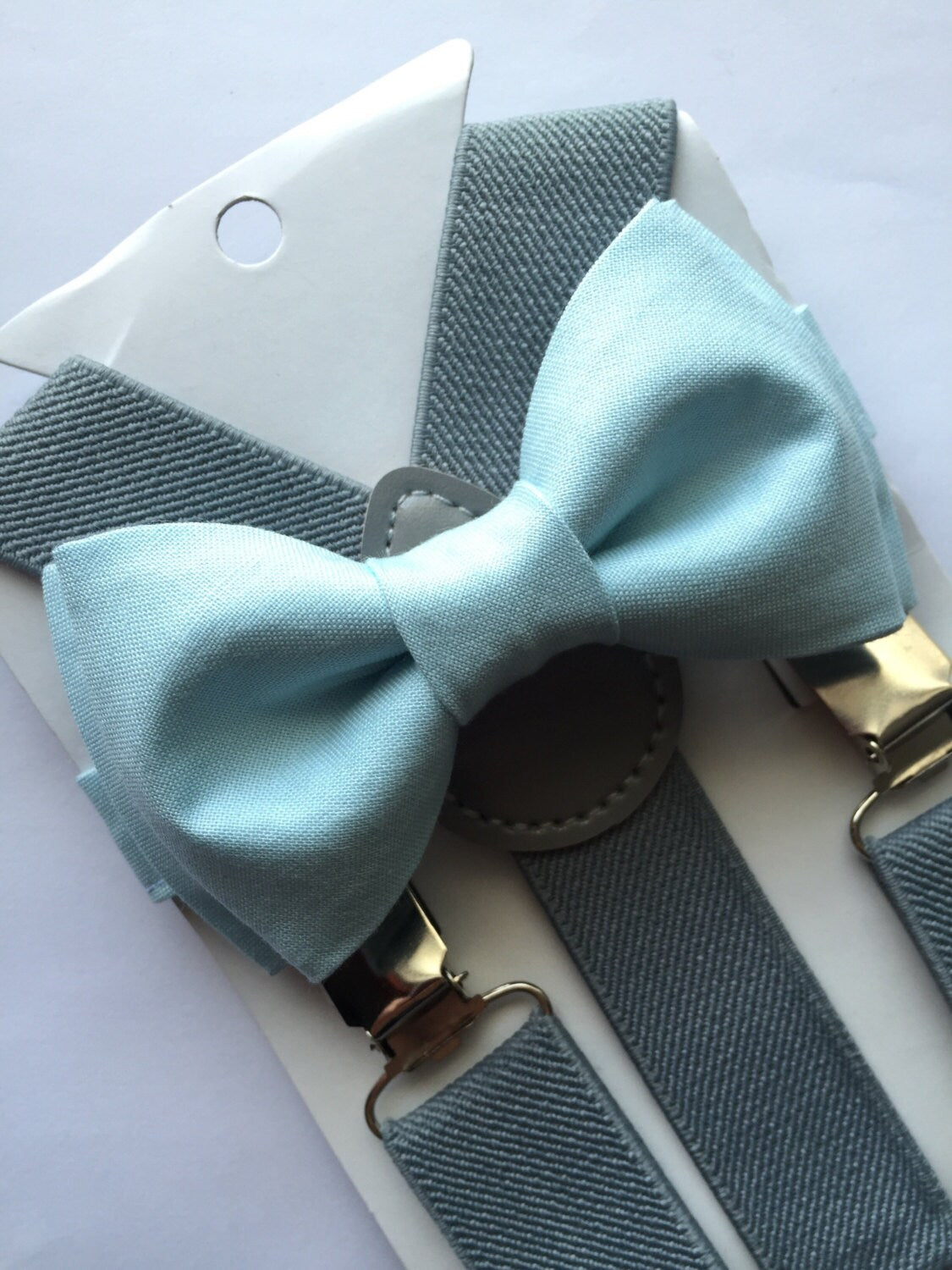 Light Blue Bow Tie and Grey Suspenders Set. Adult/Kids