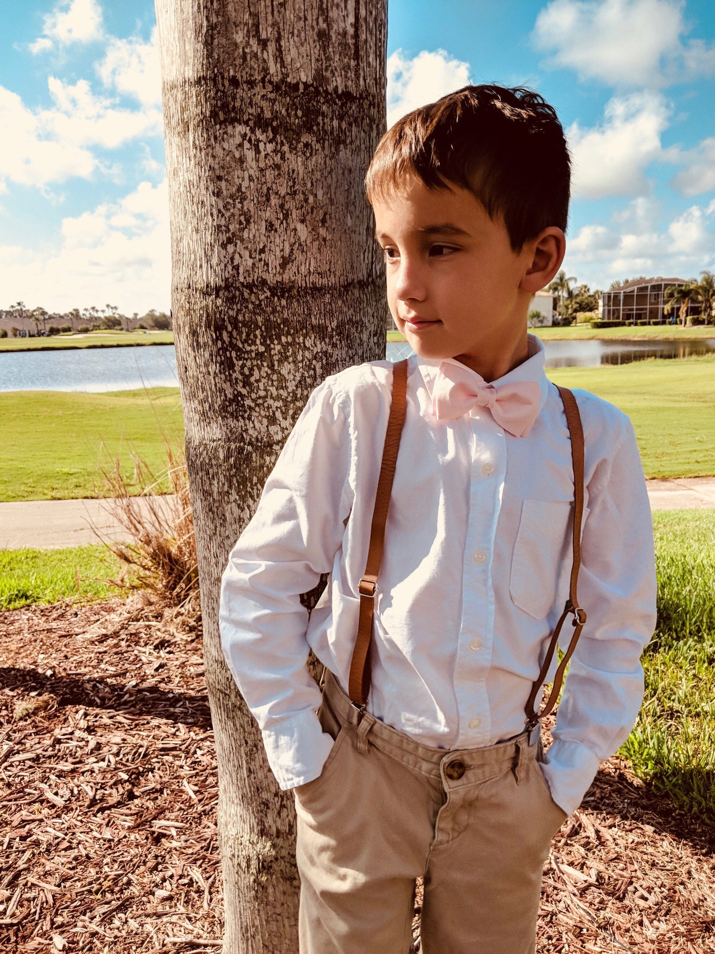 Burlap Brown Bow Tie and Brown Leather Skinny Suspenders.