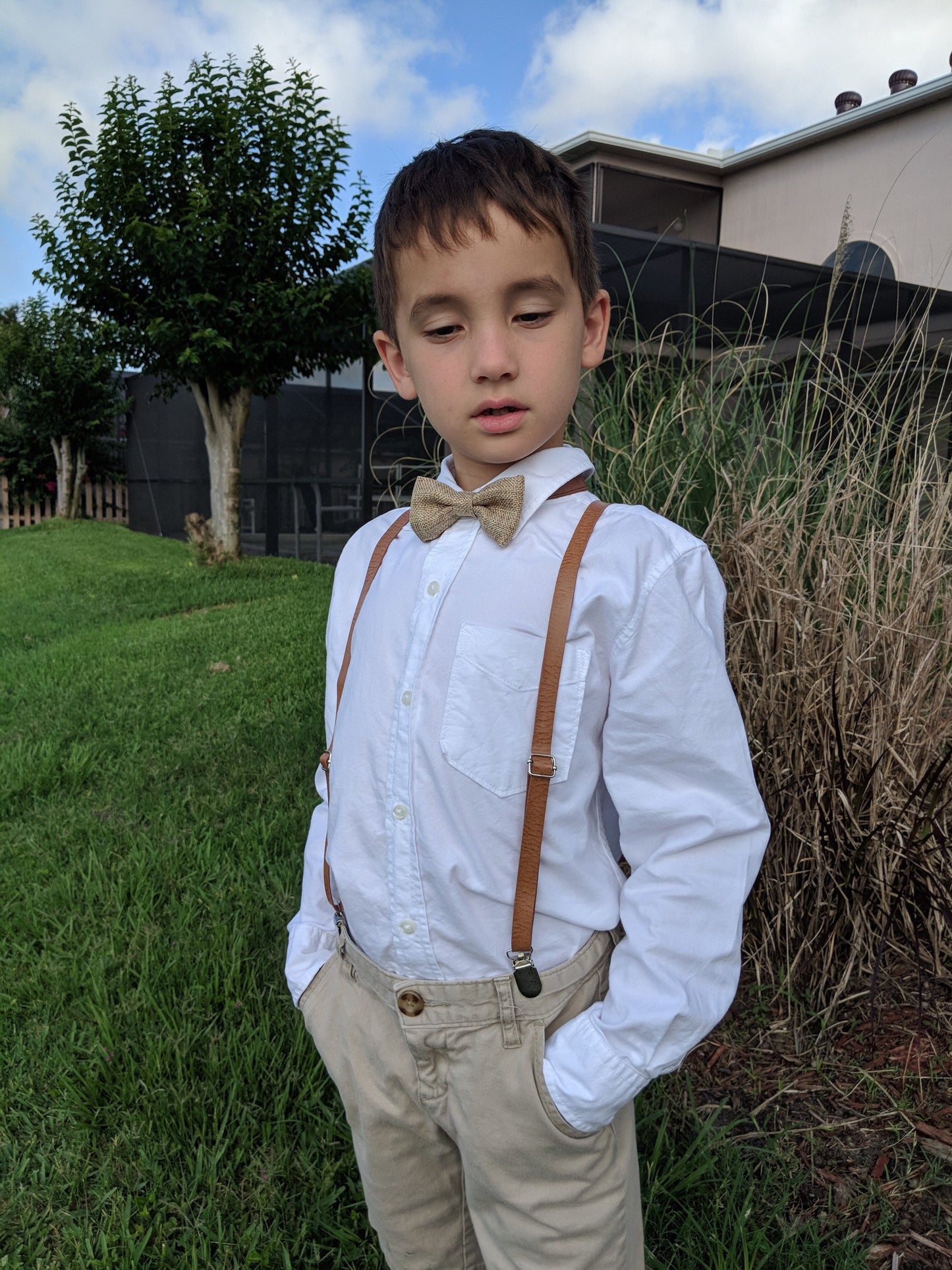 Brown PU Leather Skinny Suspenders and Burgundy Burlap Bow Tie.
