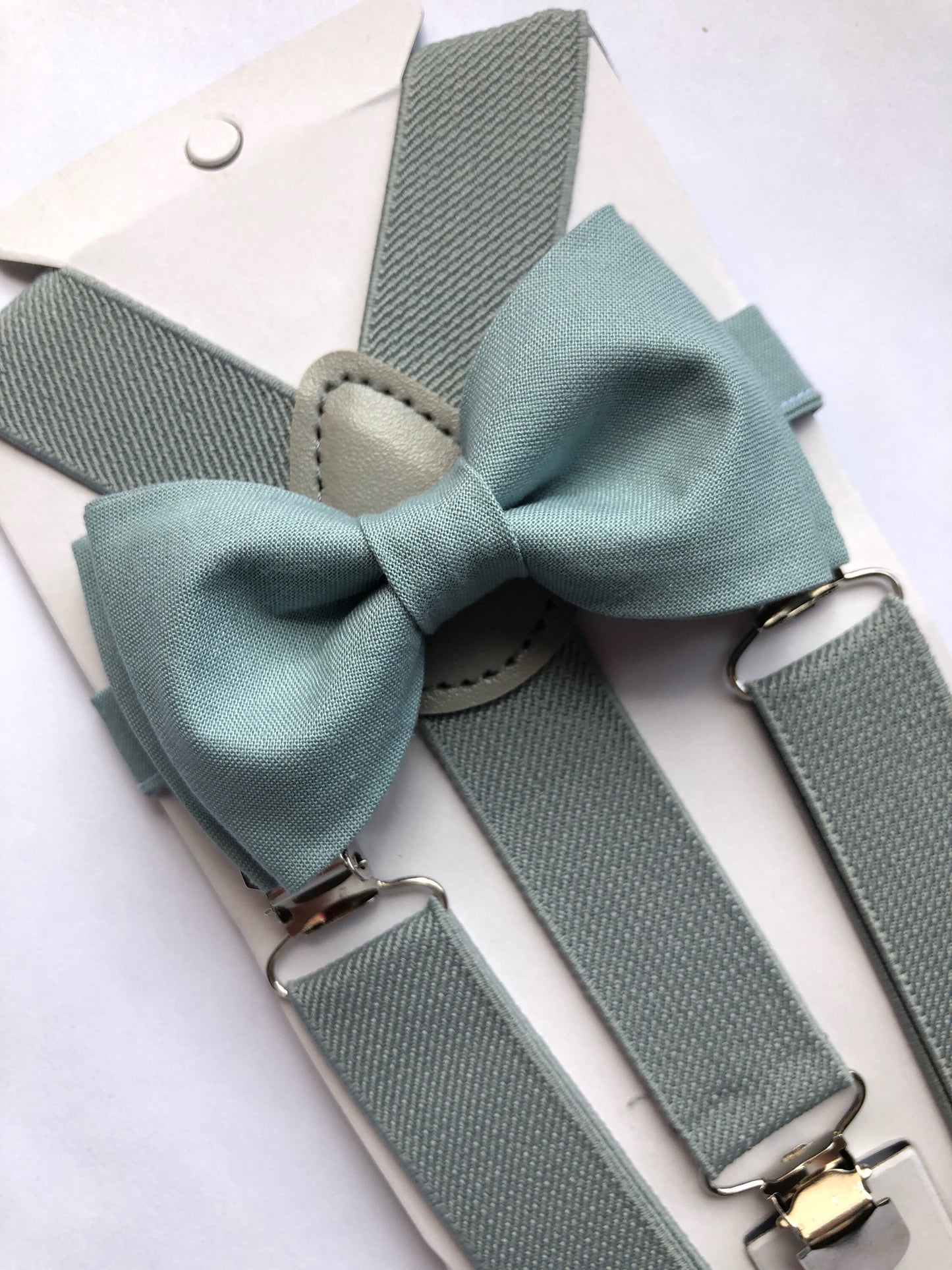 Dusty Blue Bow Tie and Light Grey Suspenders Set
