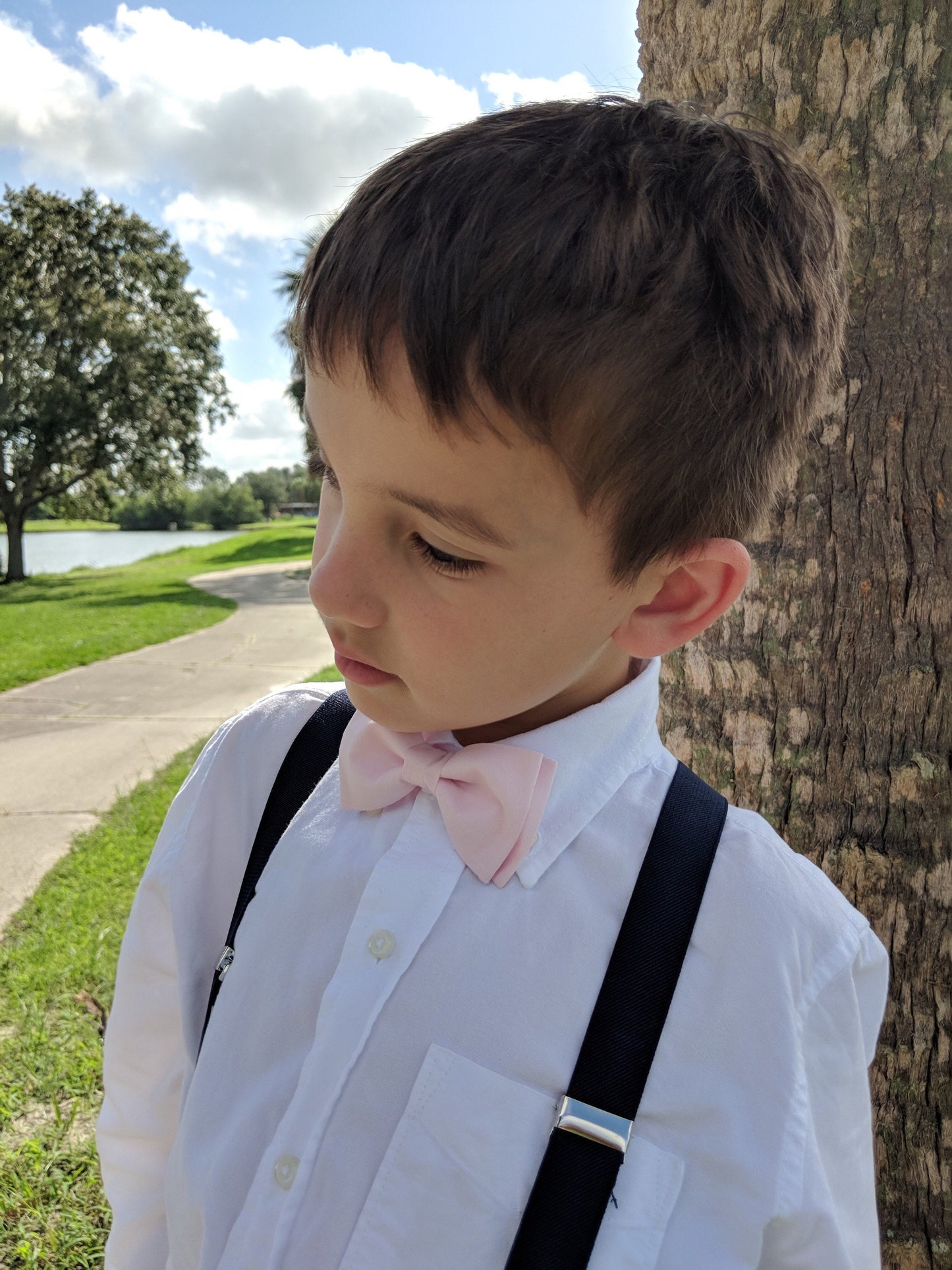 Blush Pink Bow Tie and Navy Blue Suspenders Set.