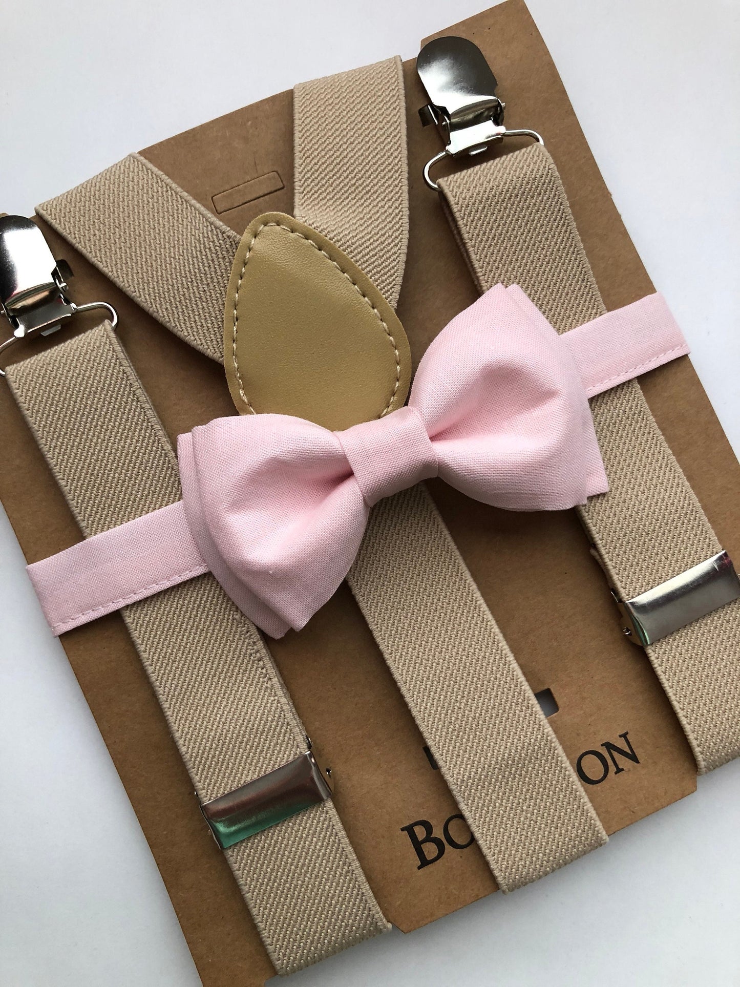 Blush Pink Bow tie Light Cream Suspenders