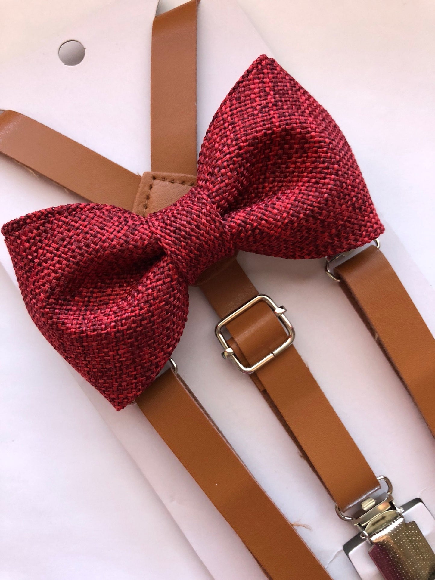 Brown PU Leather Skinny Suspenders and Burgundy Burlap Bow Tie.