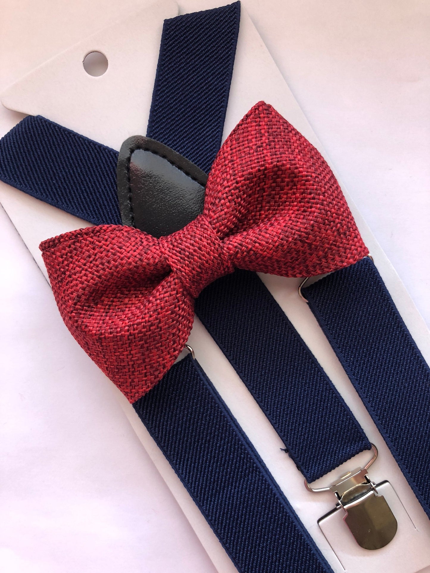Burgundy Burlap Bow Tie and Navy Blue Suspenders.