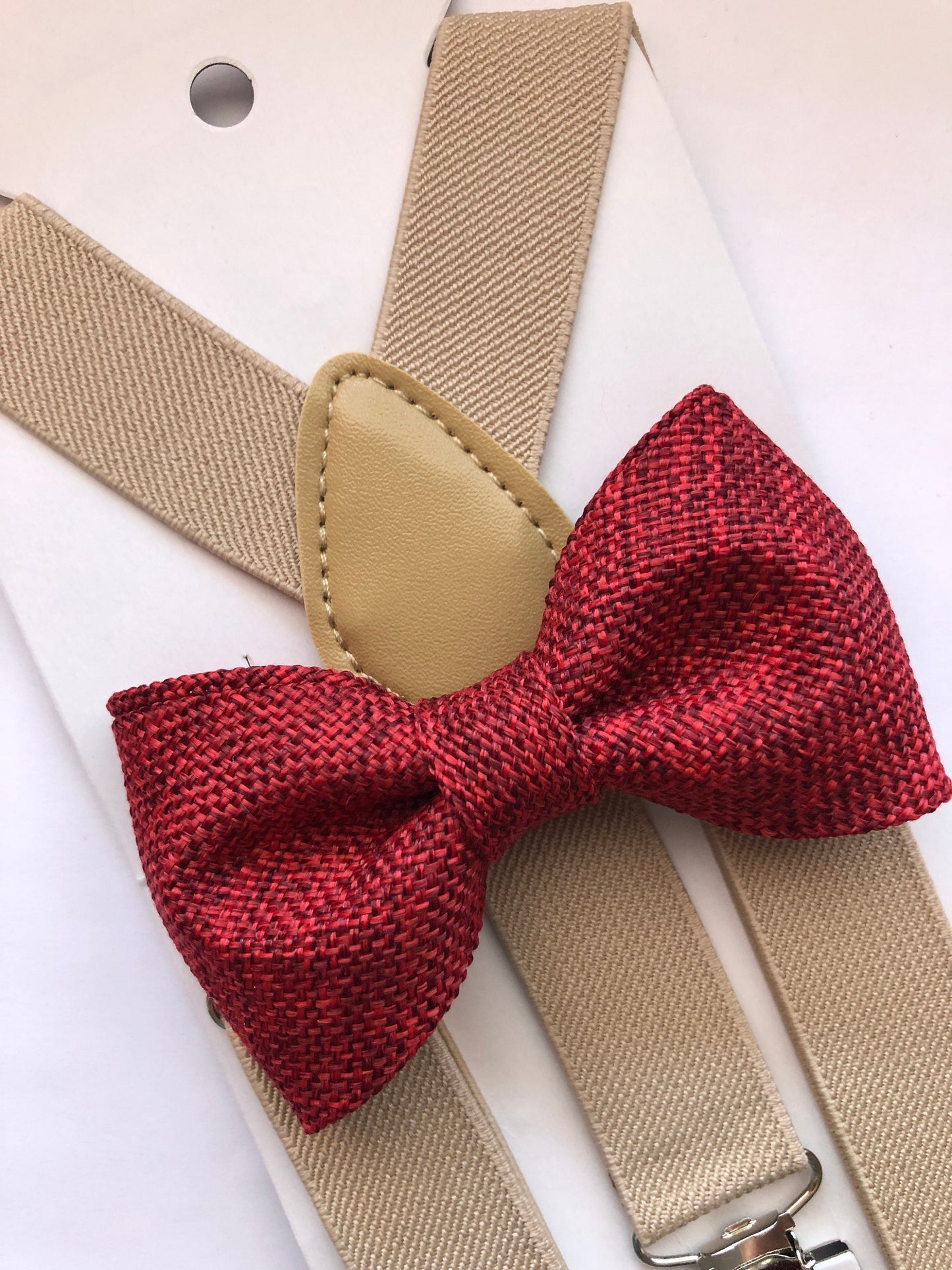 Burgundy Burlap Bow Tie and Light Cream Suspenders.