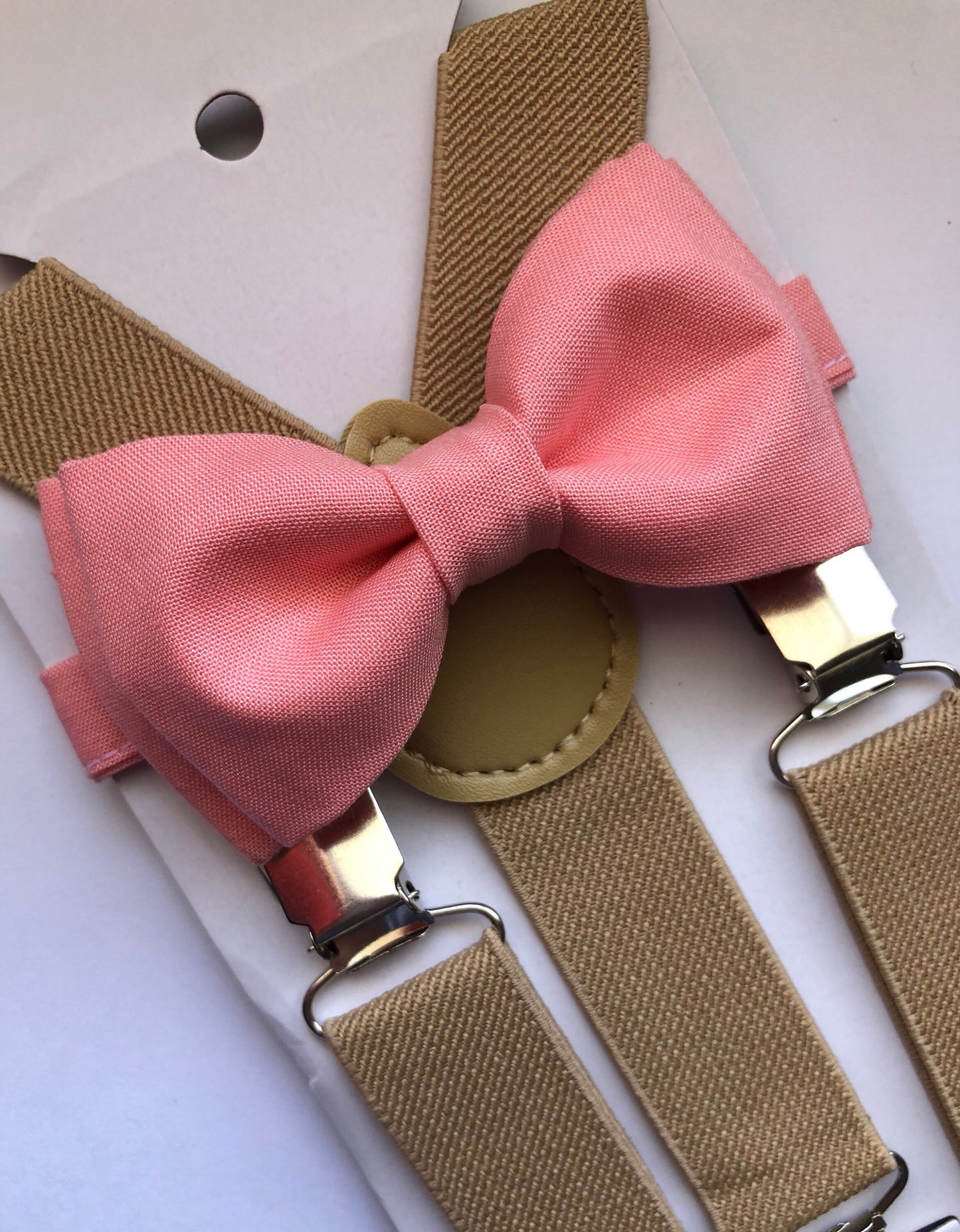 Easter Light Coral Bow tie and Khaki Suspenders Set.
