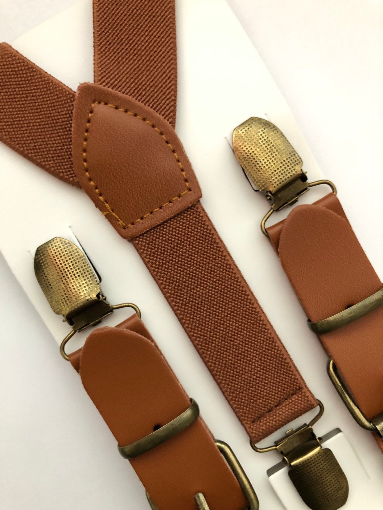 Brown Elastic Cognac Buckle Suspenders and Pink Burlap Bow Tie.