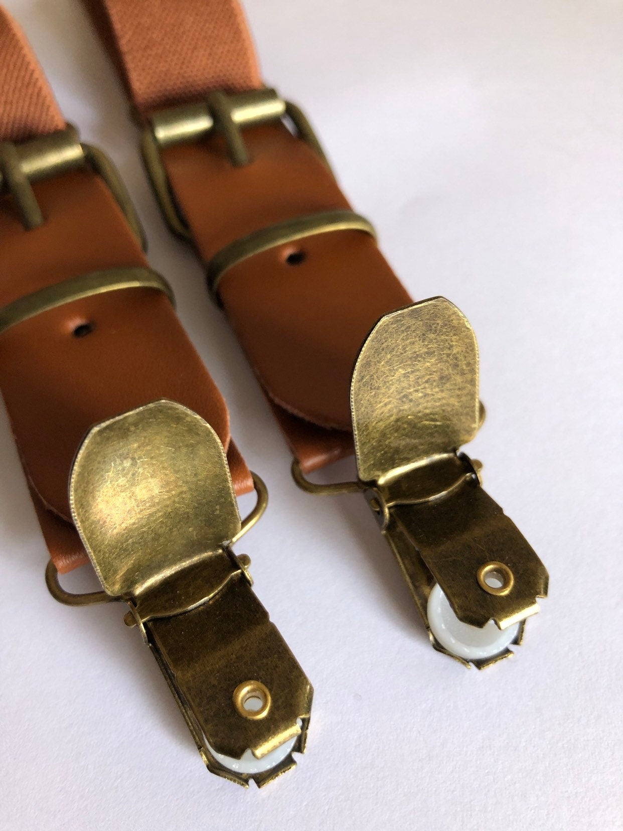 Brown Burlap Bow tie and Brown Cognac Buckle Suspenders.