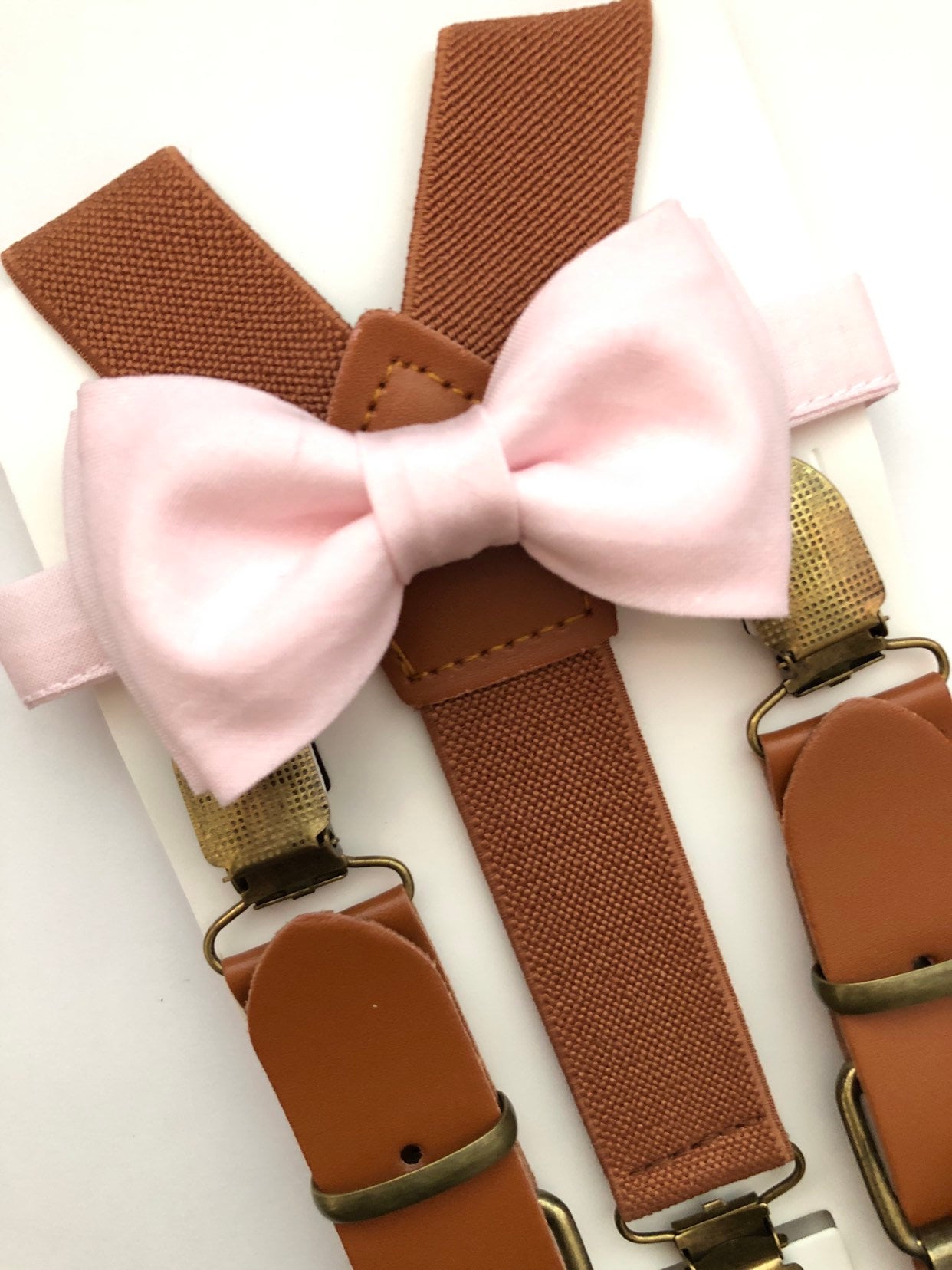 Blush Pink Bow Tie and Brown Cognac Buckle Suspenders.