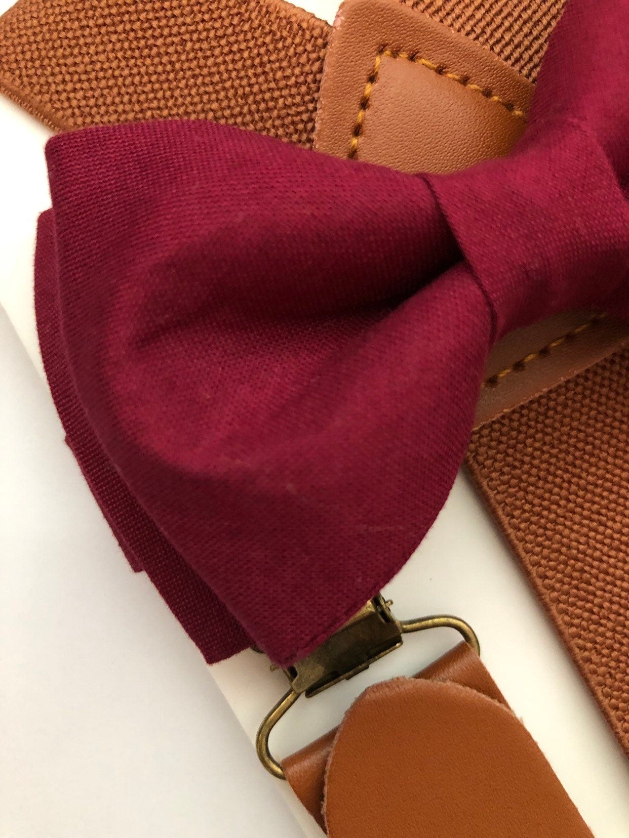 Burgundy Bow Tie and Brown Buckle Cognac Suspenders.