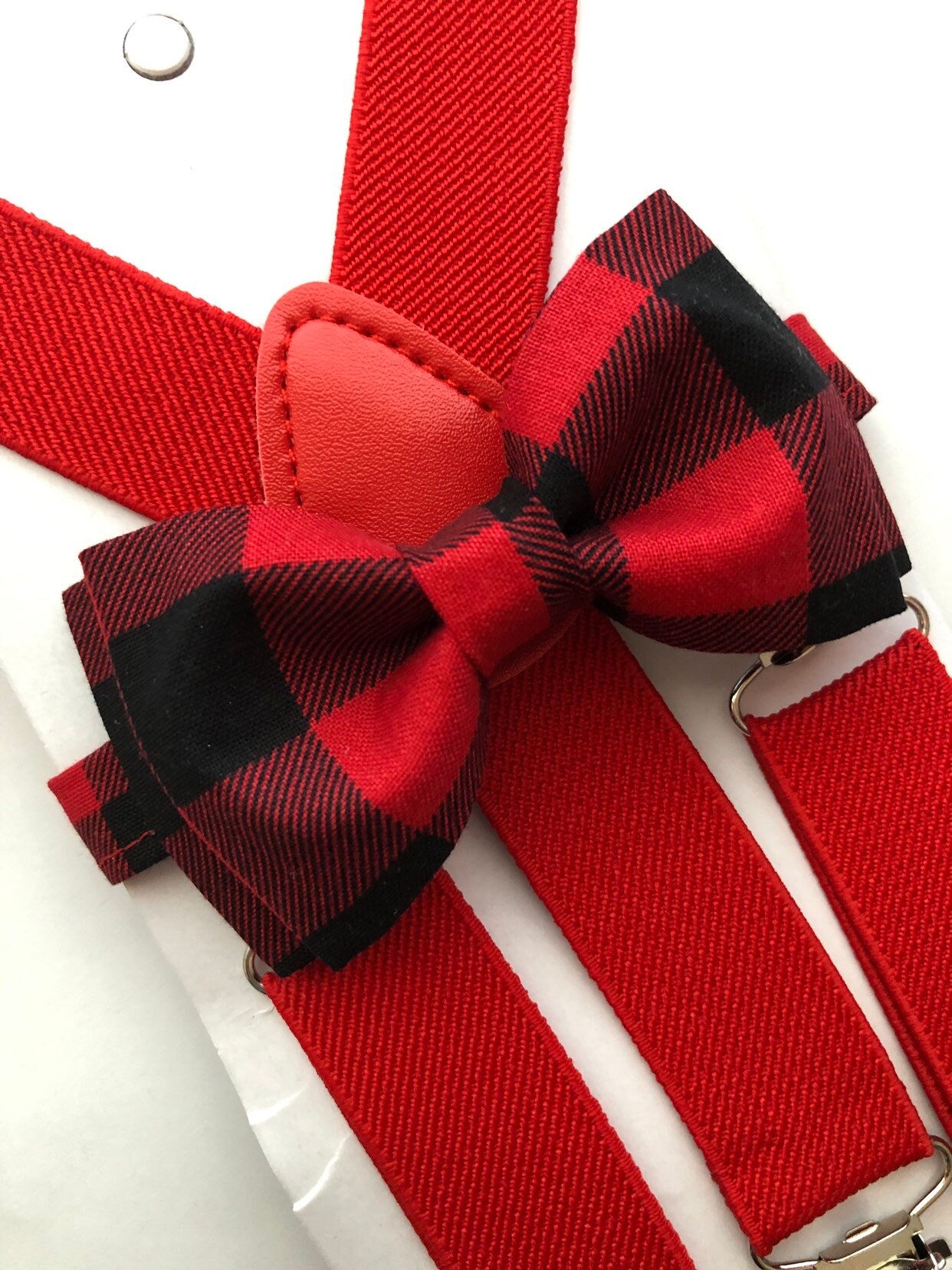 Christmas Buffalo Plaid Bow Tie and Red Suspenders