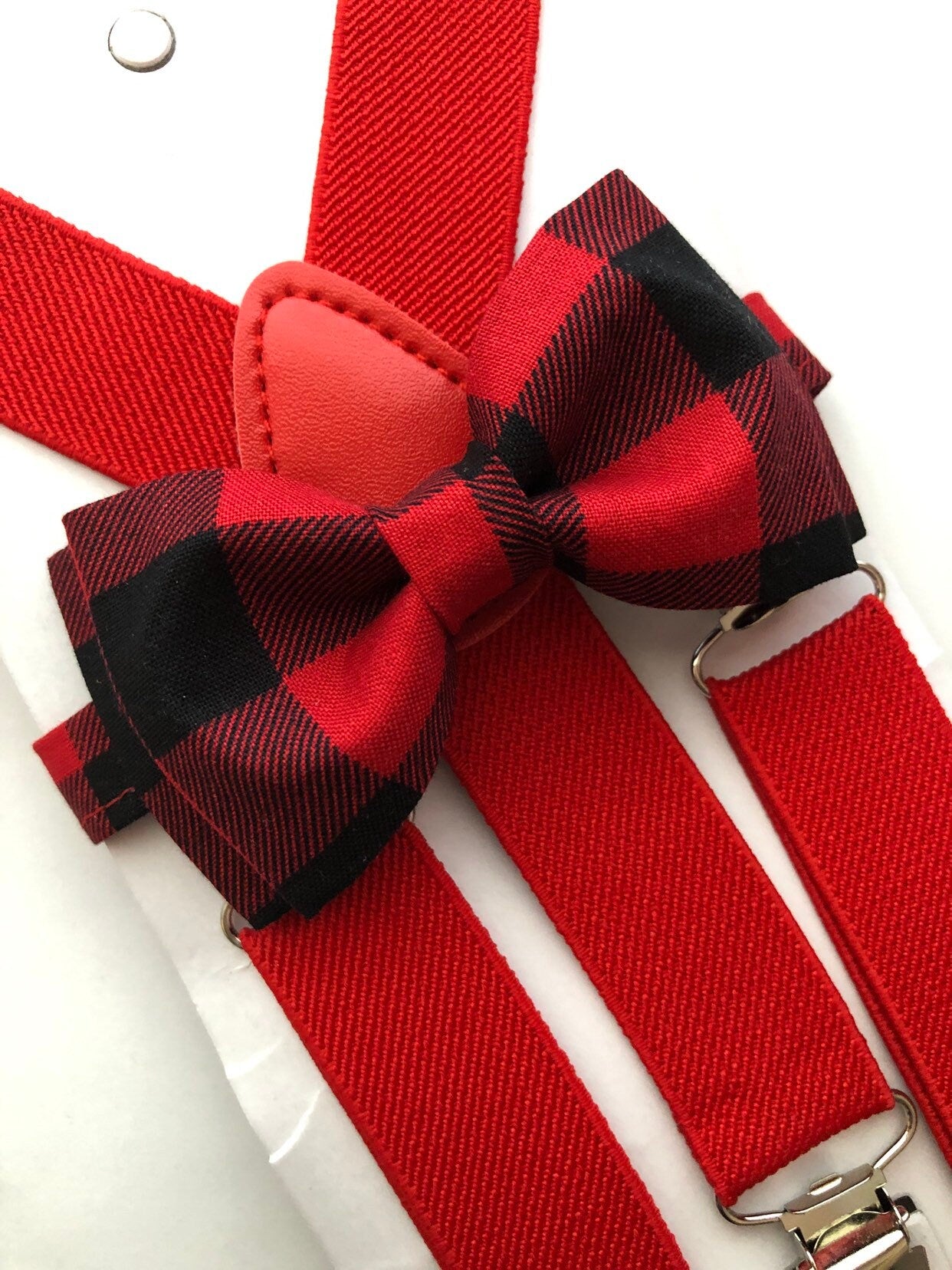 Christmas Buffalo Plaid Bow Tie and Red Suspenders
