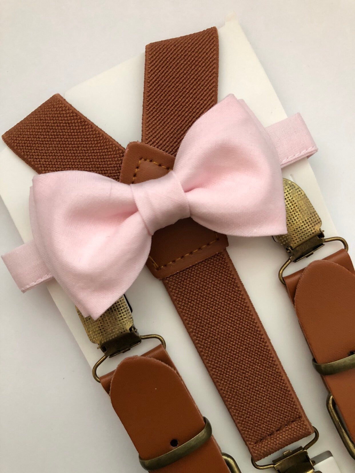 Blush Pink Bow Tie and Brown Cognac Buckle Suspenders.