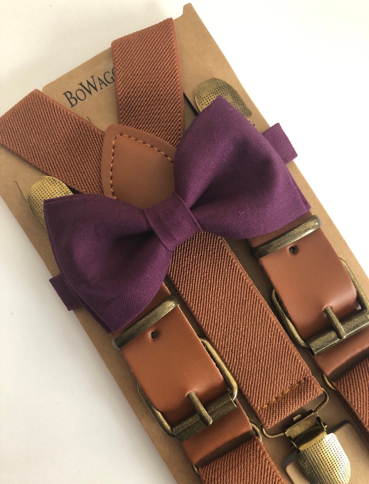 Brown Elastic Suspenders and Eggplant Bow Tie.