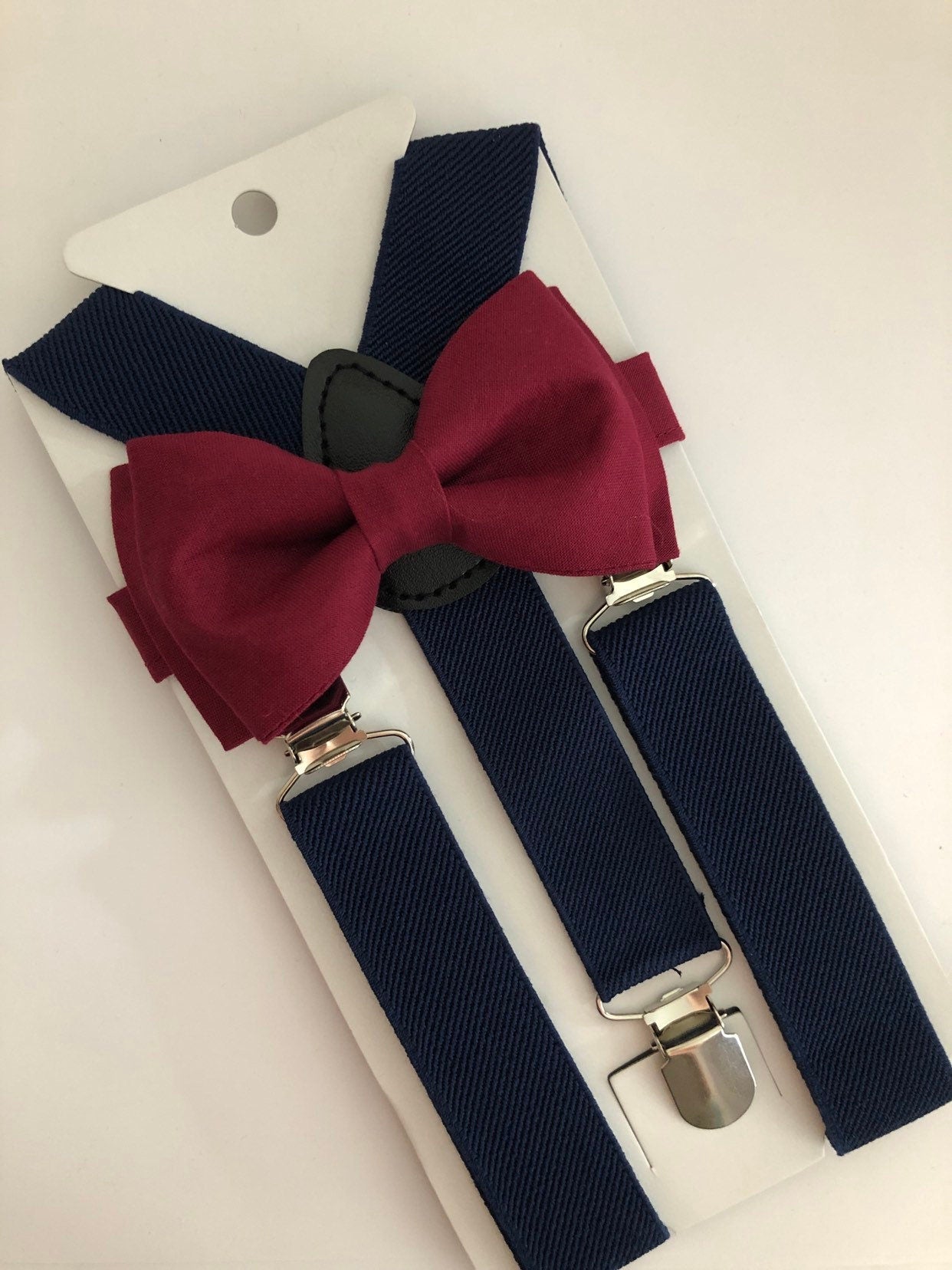 Burgundy Maroon Bowtie and Navy Blue Suspenders Set. Burgundy Bow Tie.
