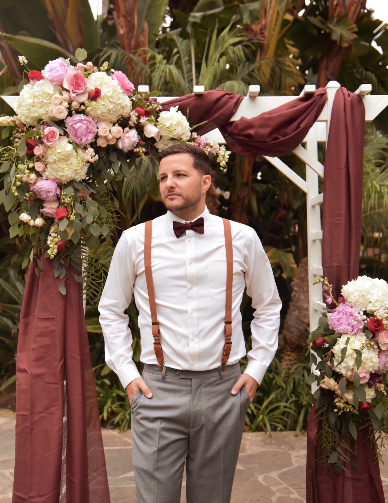 Brown Elastic Suspenders and Eggplant Bow Tie.