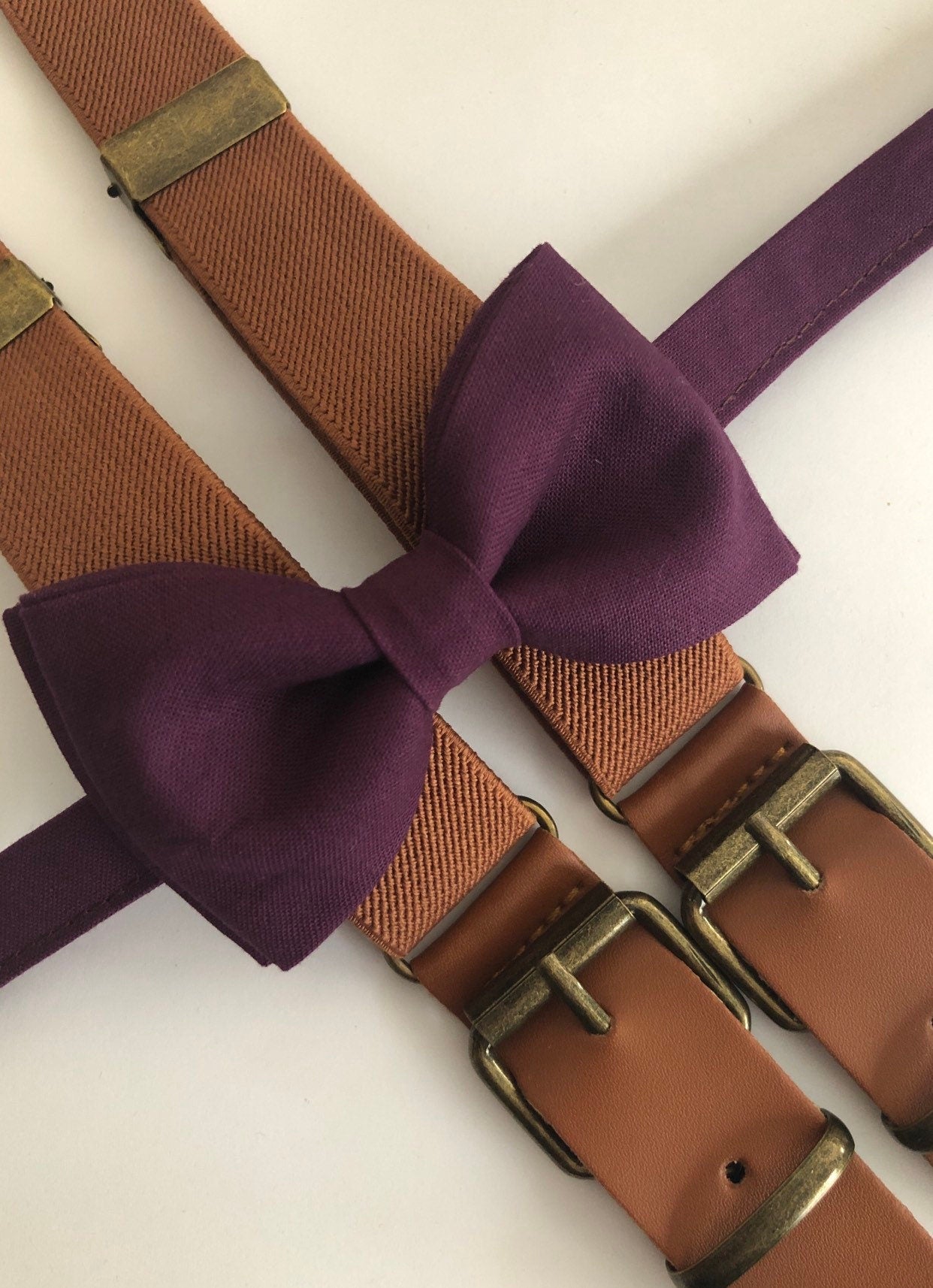 Brown Elastic Suspenders and Eggplant Bow Tie.