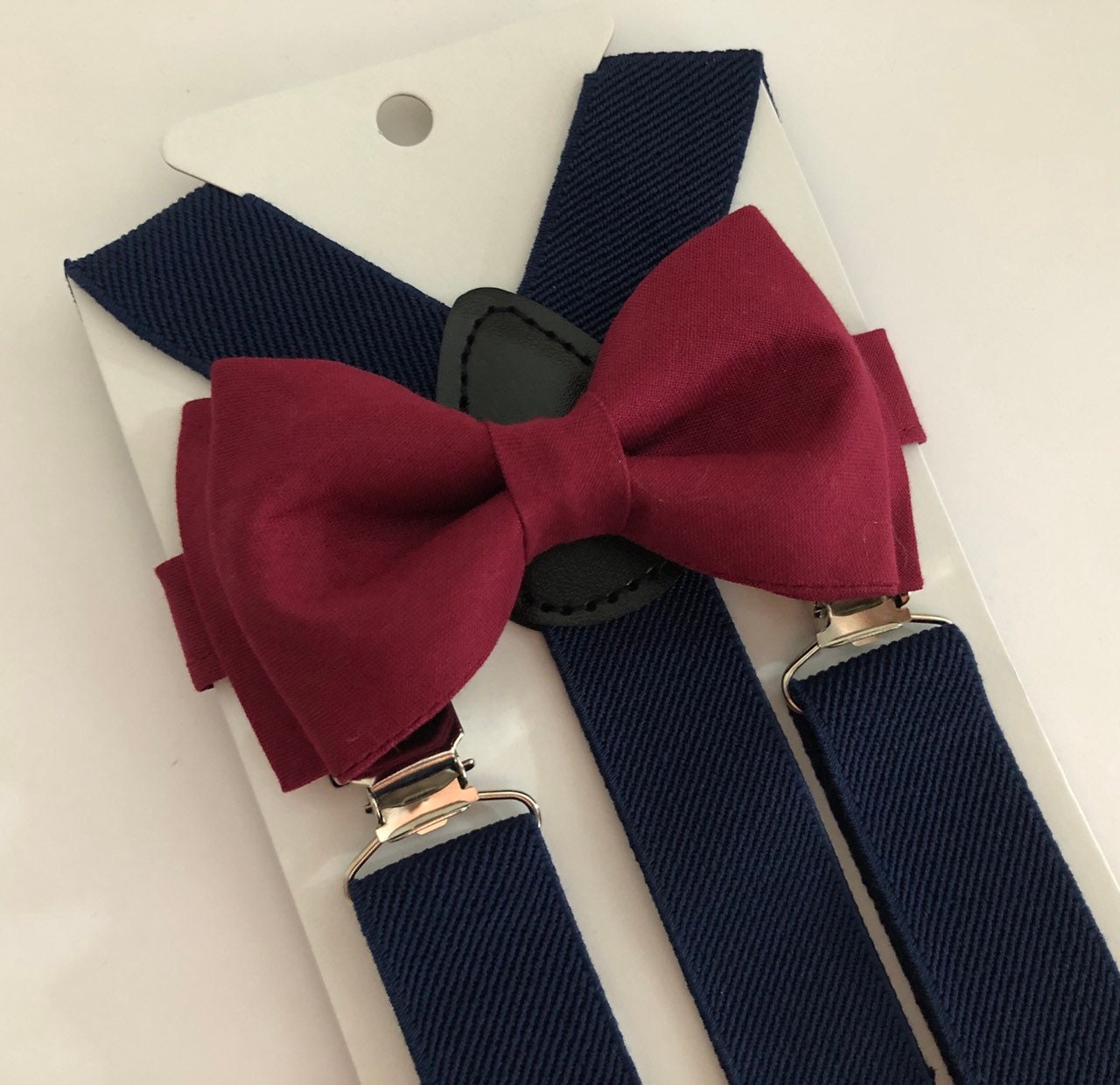 Burgundy Maroon Bowtie and Navy Blue Suspenders Set. Burgundy Bow Tie.