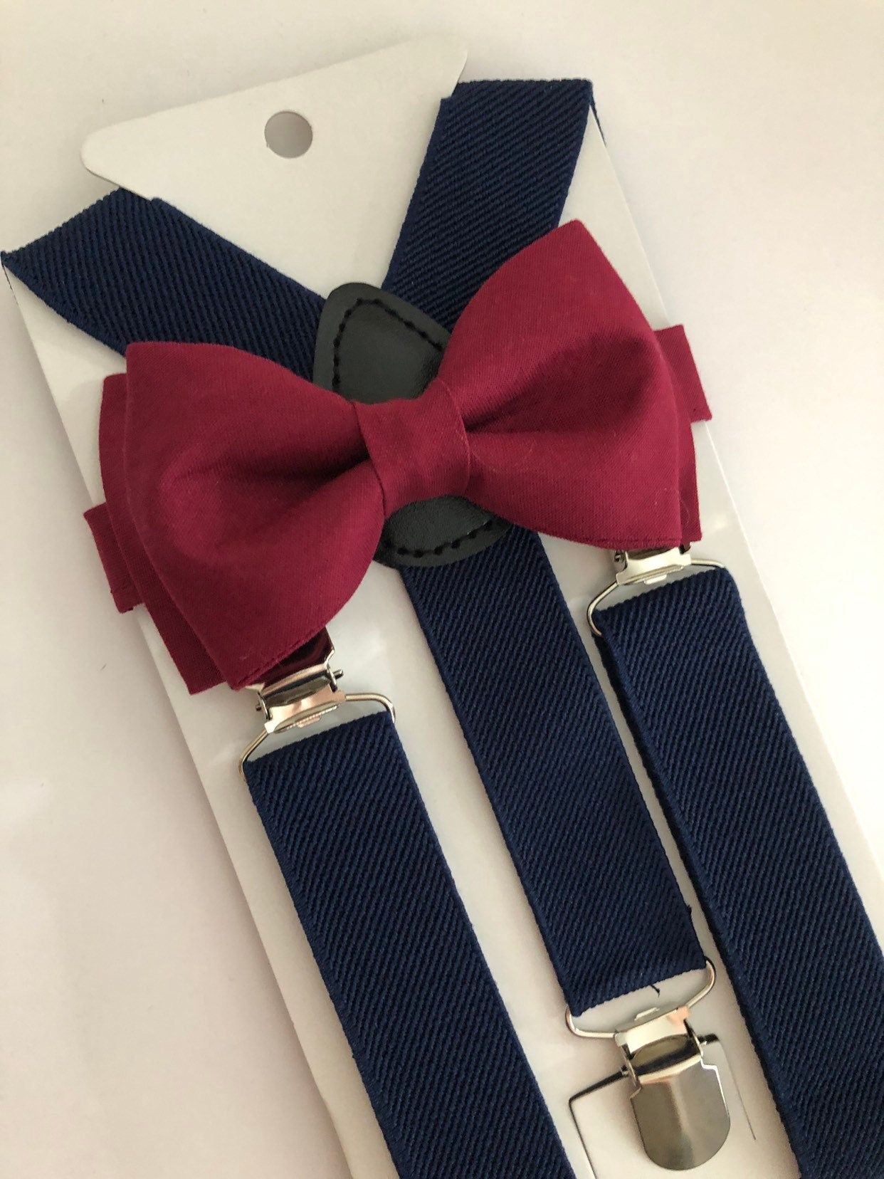 Burgundy Maroon Bowtie and Navy Blue Suspenders Set. Burgundy Bow Tie.