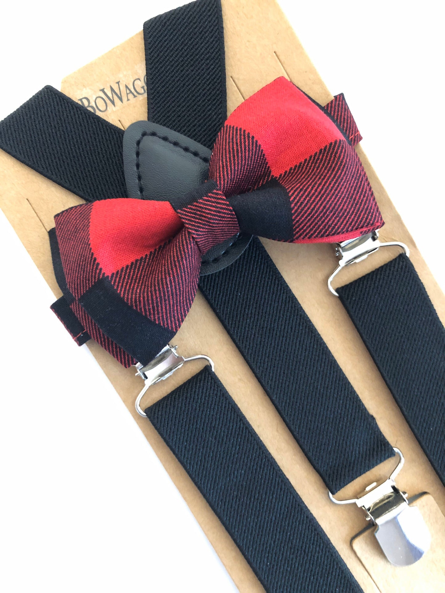 Christmas Buffalo Plaid Bow Tie Black Suspenders.