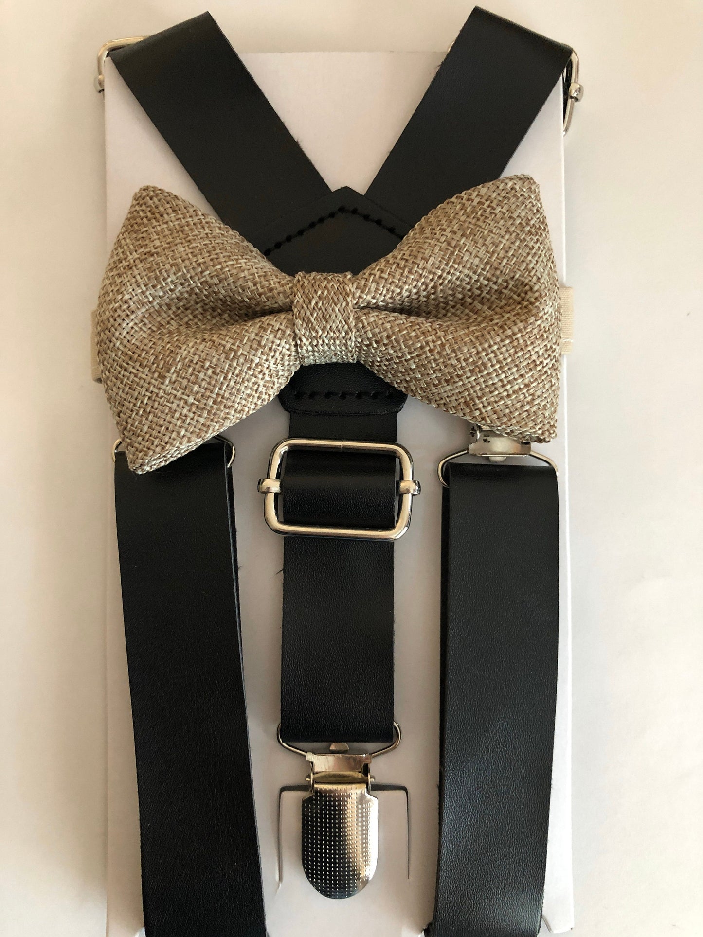Black Leather Suspenders and Wheat Burlap Bow Tie.