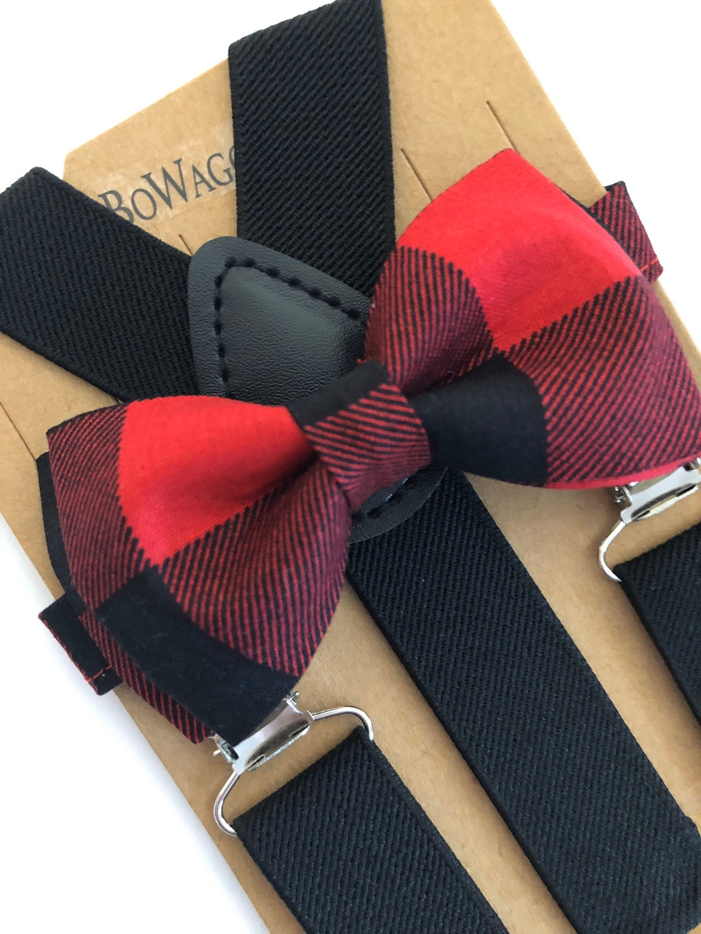 Christmas Buffalo Plaid Bow Tie Black Suspenders.
