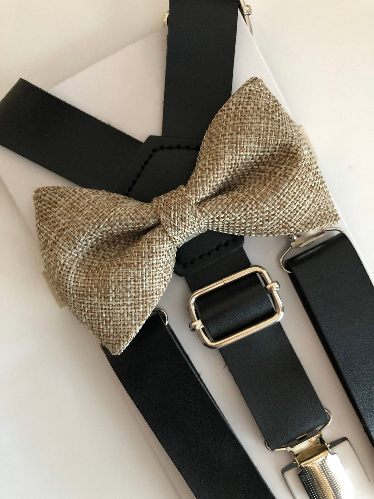 Black Leather Suspenders and Wheat Burlap Bow Tie.