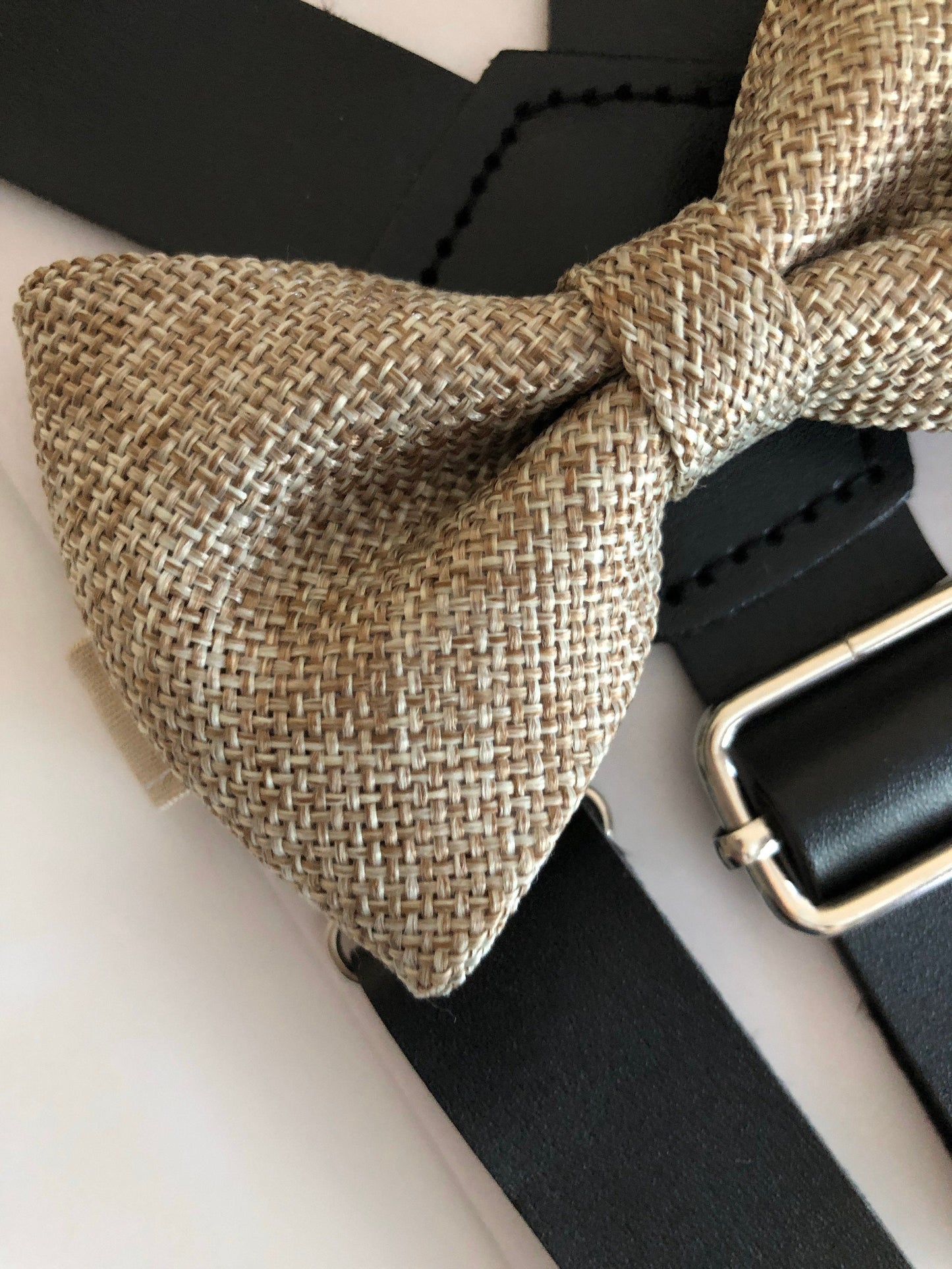 Black Leather Suspenders and Wheat Burlap Bow Tie.