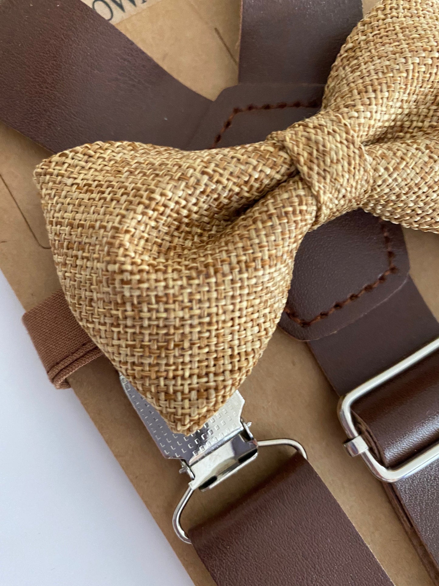 Brown 1 inch wide PU Leather Suspenders and Burlap Bow Tie Set.