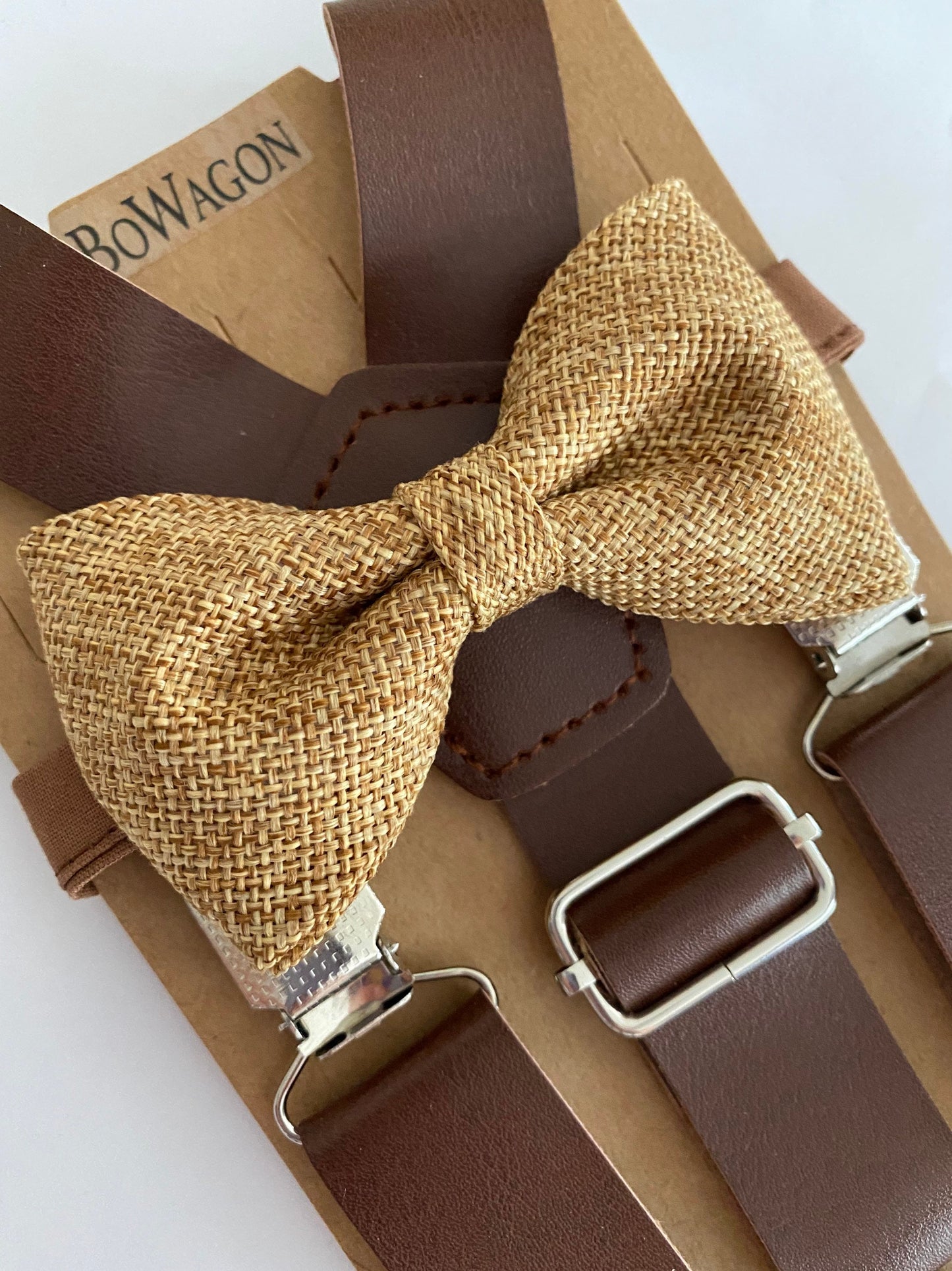 Brown 1 inch wide PU Leather Suspenders and Burlap Bow Tie Set.