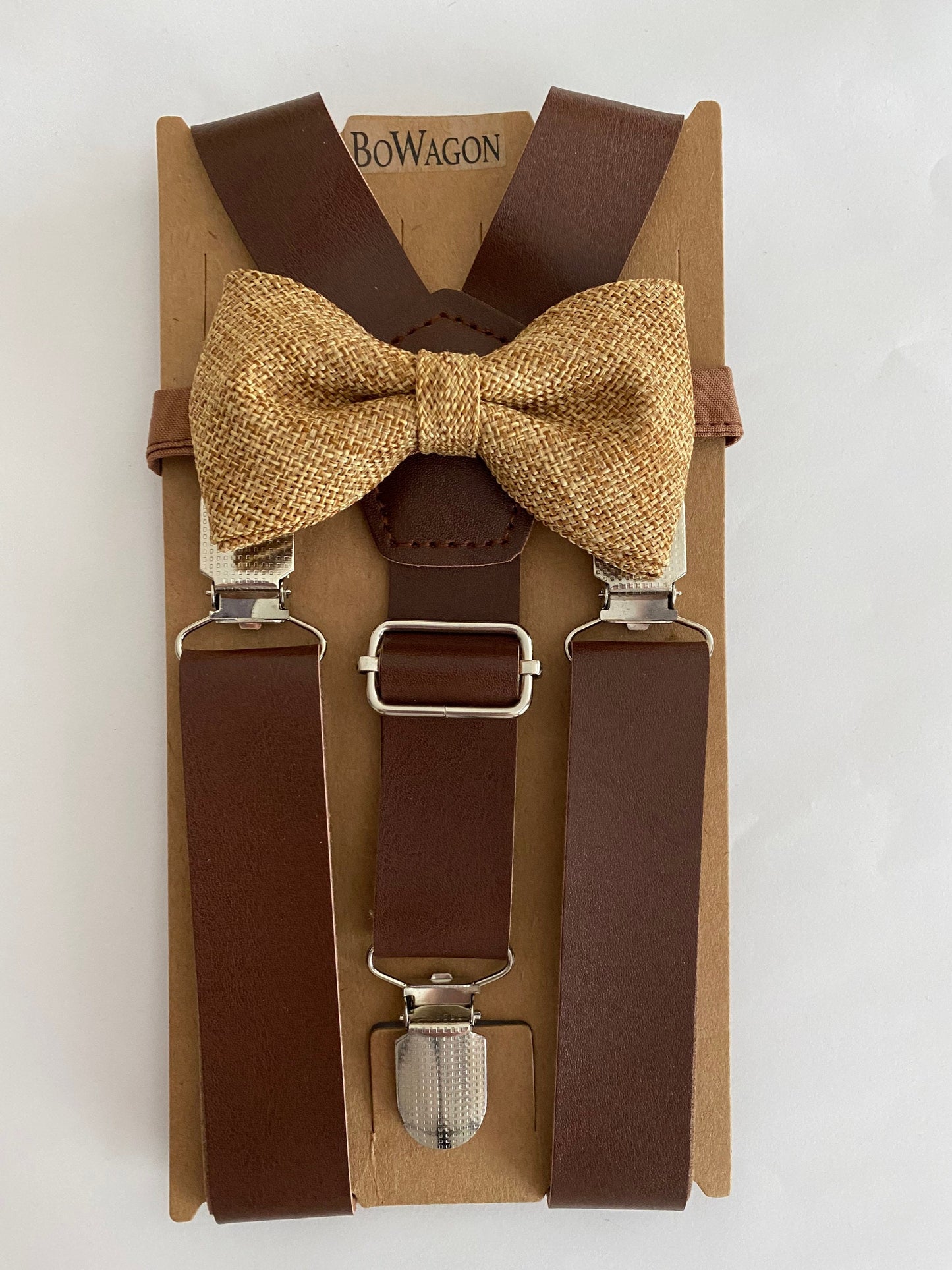 Brown 1 inch wide PU Leather Suspenders and Burlap Bow Tie Set.