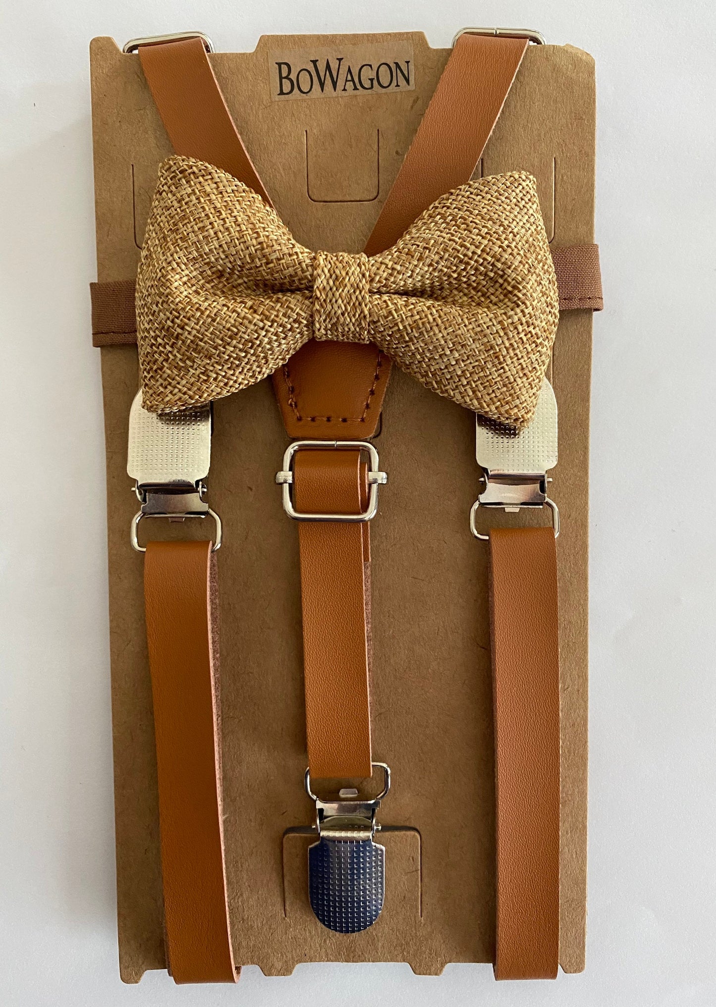 Burlap Brown Bow Tie and Brown Leather Skinny Suspenders.