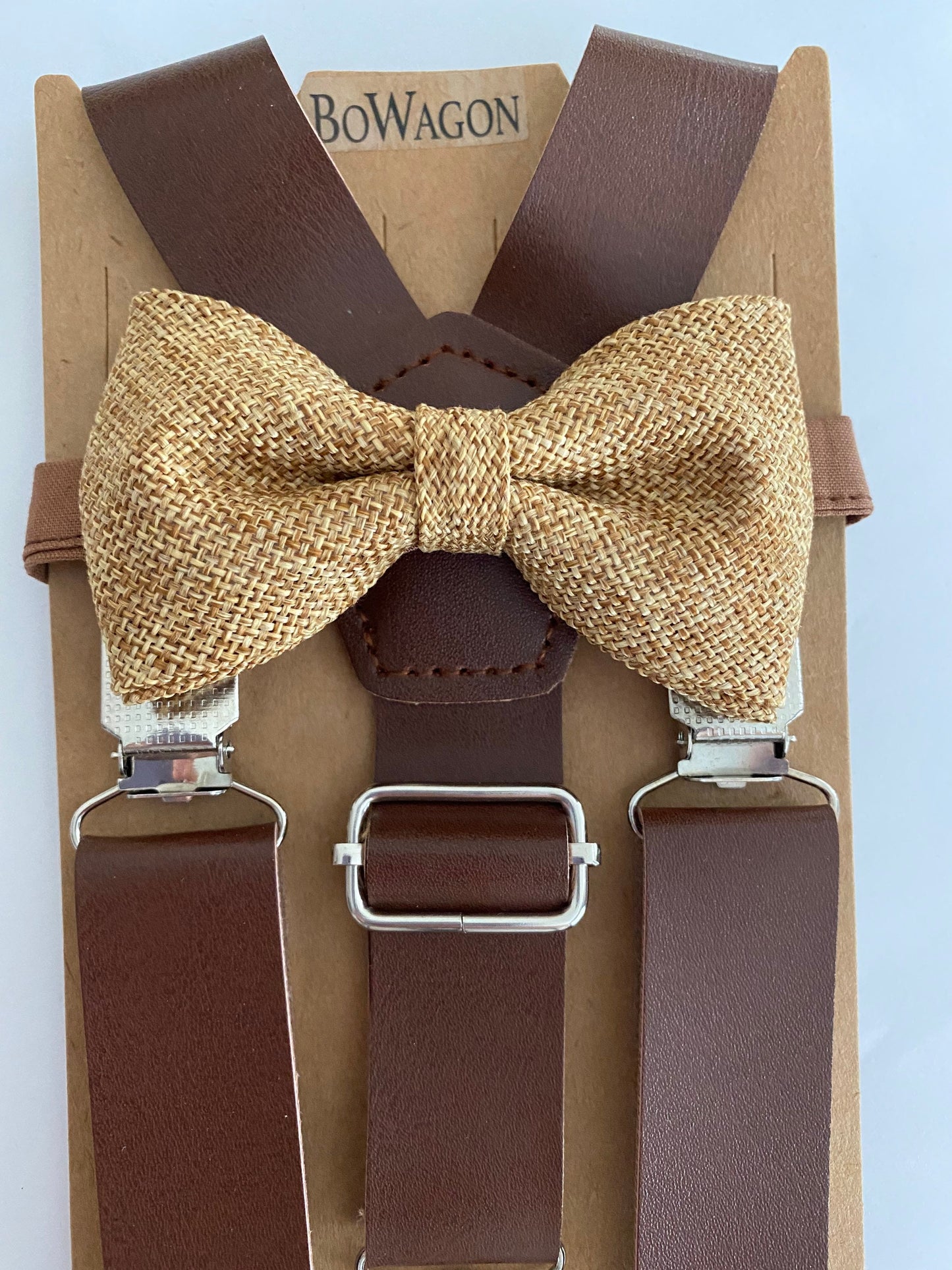 Brown 1 inch wide PU Leather Suspenders and Burlap Bow Tie Set.