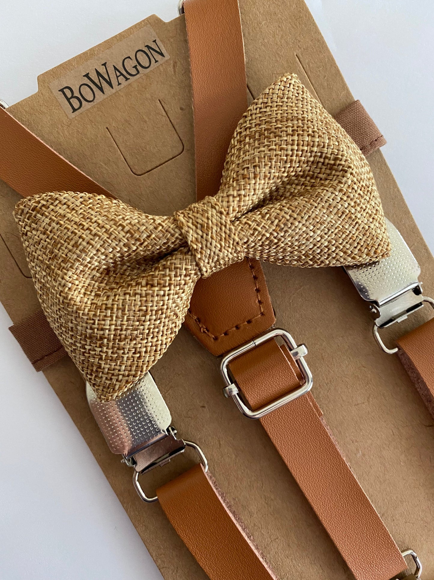 Burlap Brown Bow Tie and Brown Leather Skinny Suspenders.