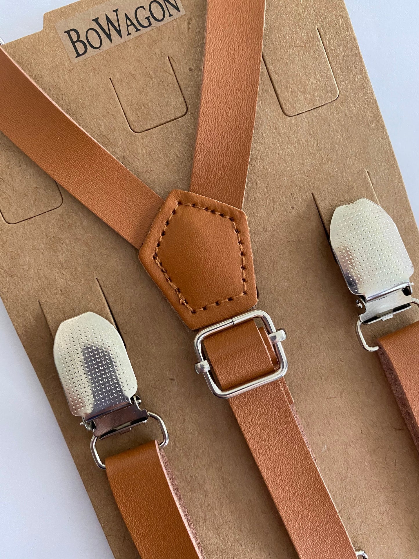 Burlap Brown Bow Tie and Brown Leather Skinny Suspenders.