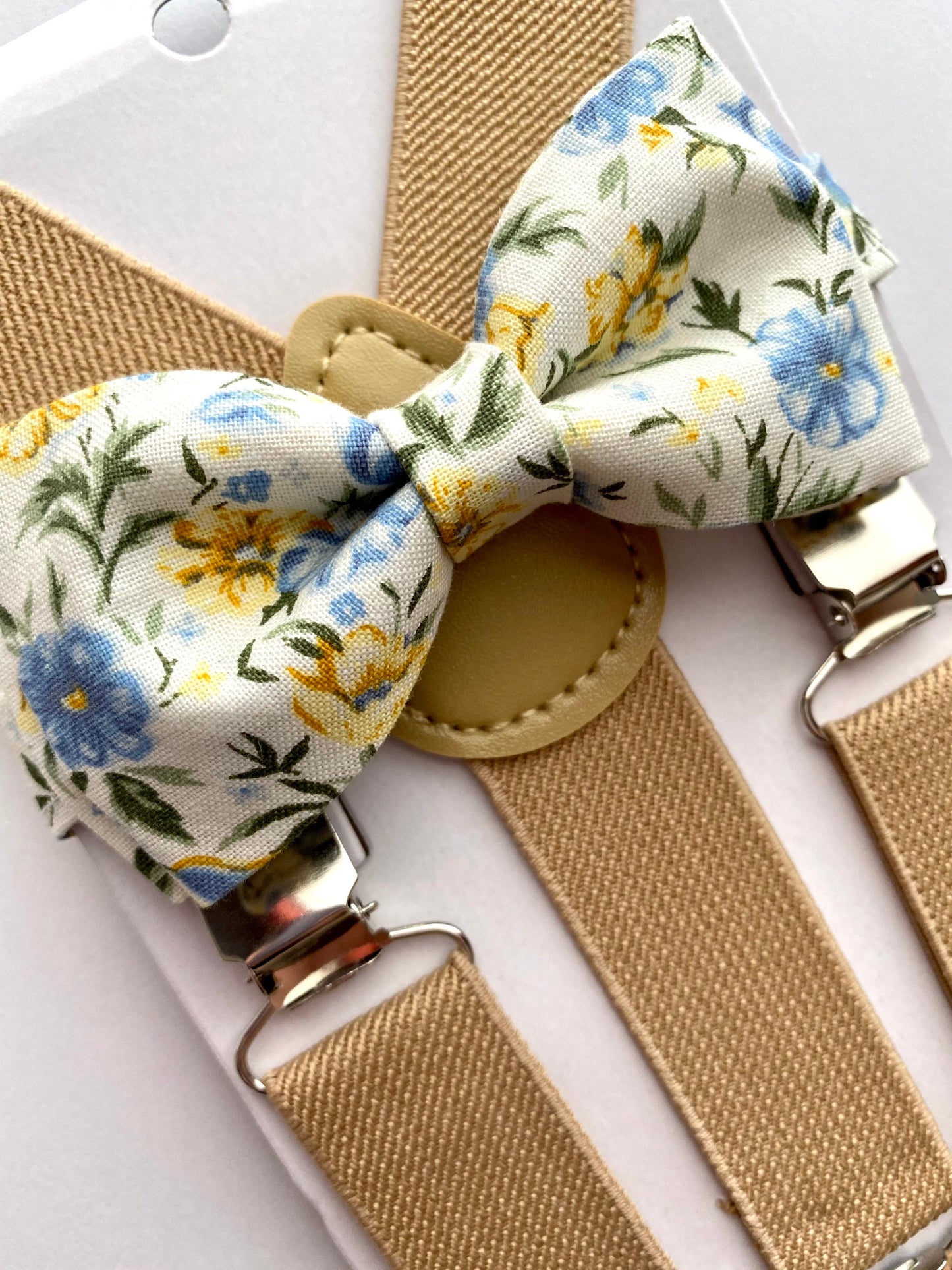 Easter Floral Light Blue Bow Tie and Beige Suspenders.