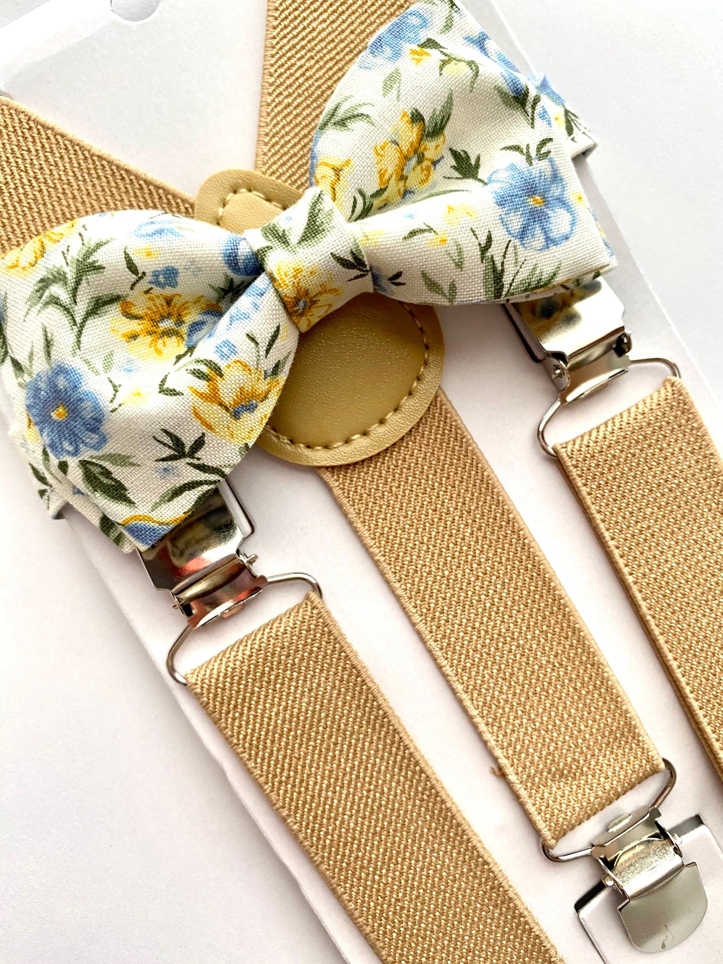 Easter Floral Light Blue Bow Tie and Beige Suspenders.