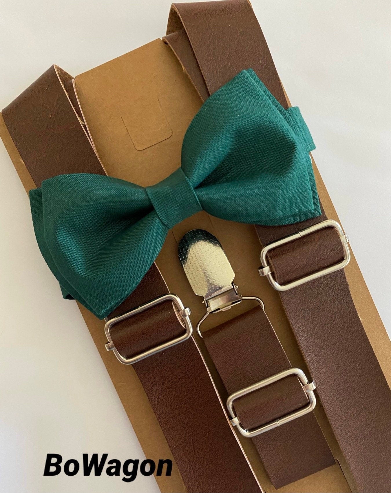 Brown 1 inch wide PU Leather Suspenders and Dark Green Juniper Bow Tie Set.