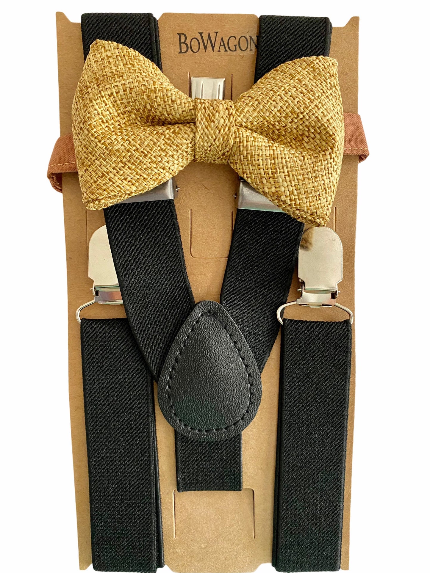 Brown Burlap Bow Tie and Black Suspenders Set. Adults. Kids.