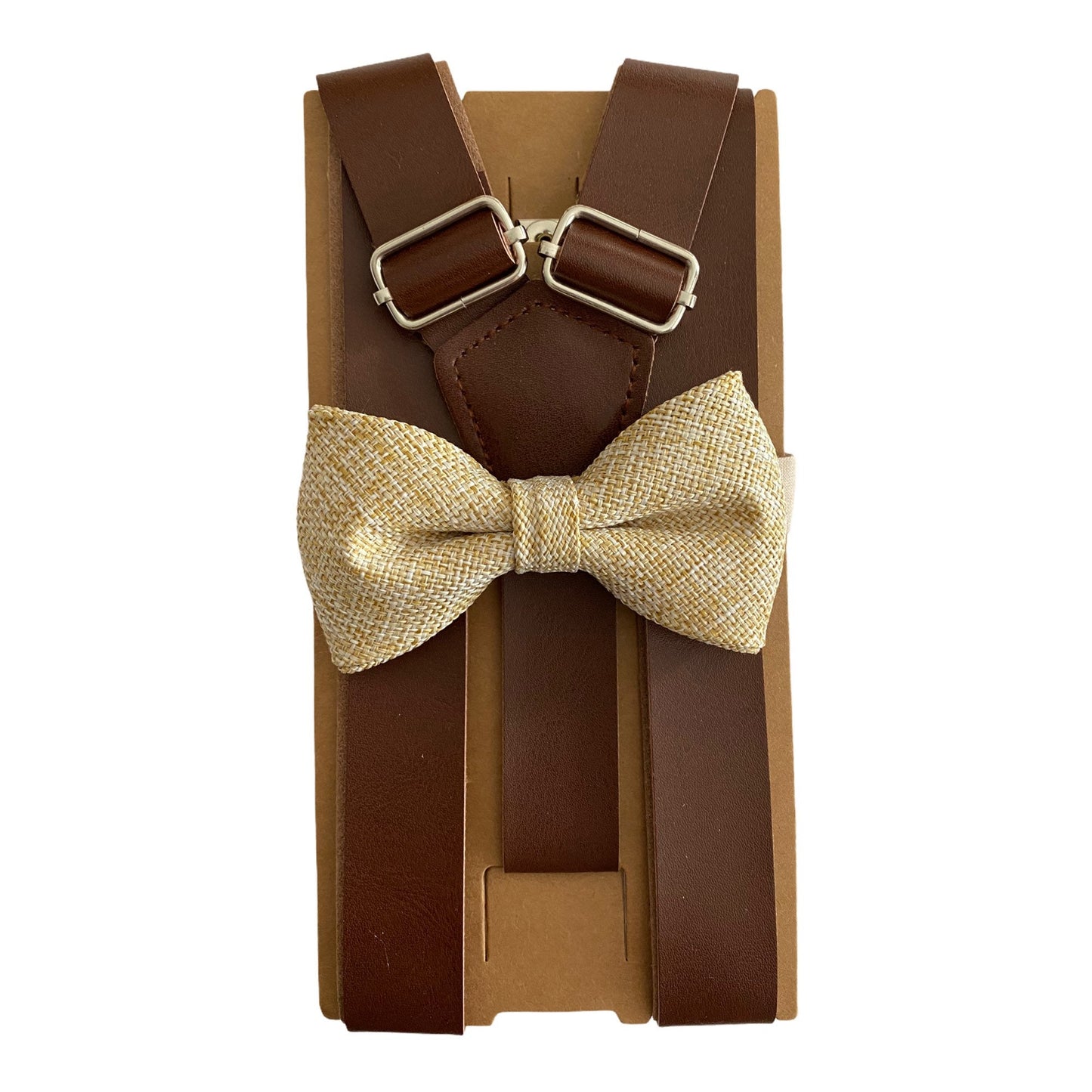 Brown 1 inch wide PU Leather Suspenders and Light Burlap Bow Tie Set.