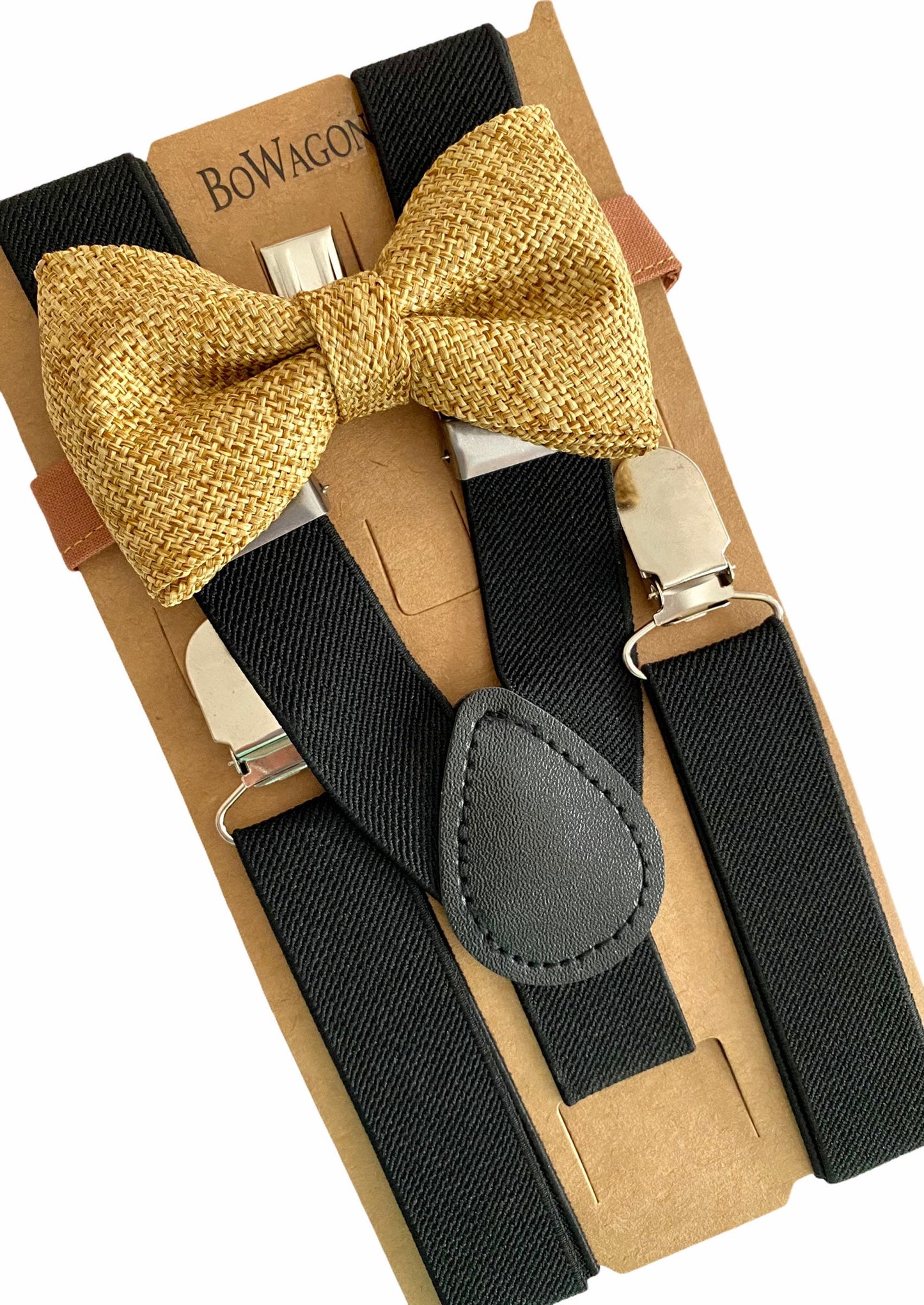 Brown Burlap Bow Tie and Black Suspenders Set. Adults. Kids.