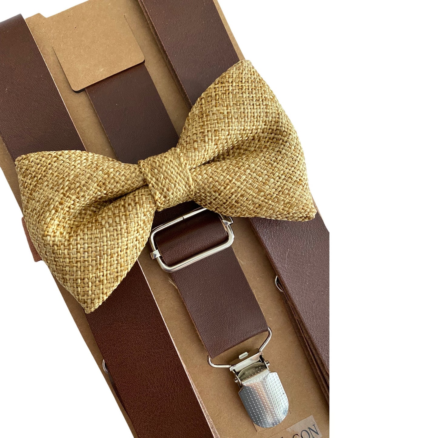 Brown 1 inch wide PU Leather Suspenders and Burlap Bow Tie Set.
