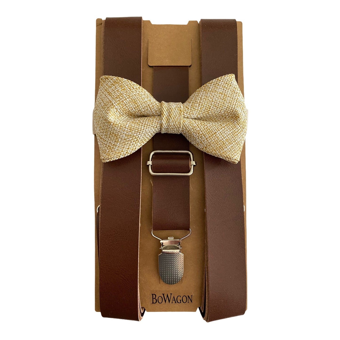 Brown 1 inch wide PU Leather Suspenders and Light Burlap Bow Tie Set.