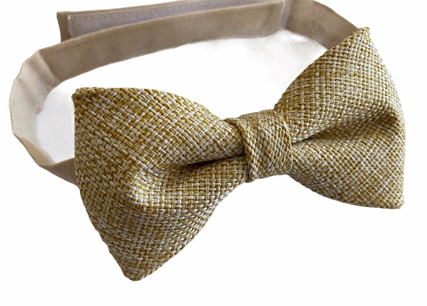 Brown 1 inch wide PU Leather Suspenders and Light Burlap Bow Tie Set.