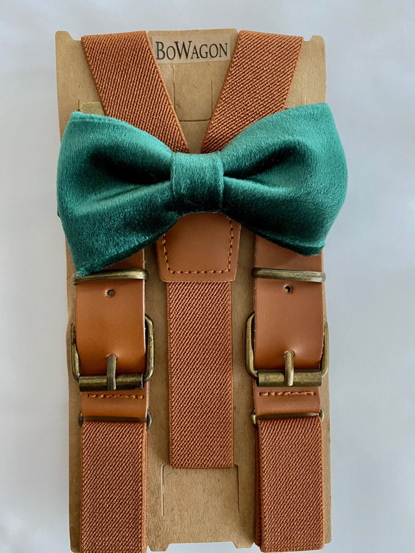 Dark Green Velvet Bow Tie / Brown Elastic Suspenders Set