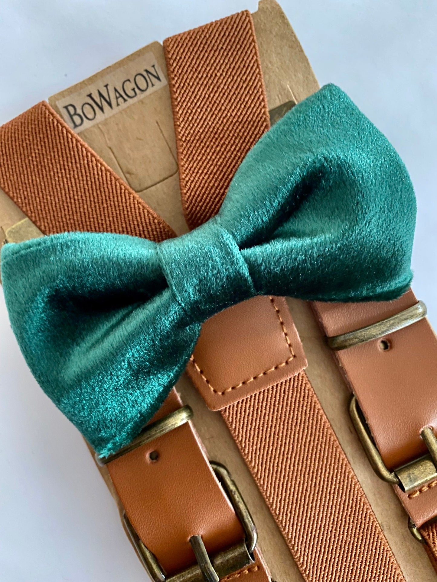 Dark Green Velvet Bow Tie / Brown Elastic Suspenders Set