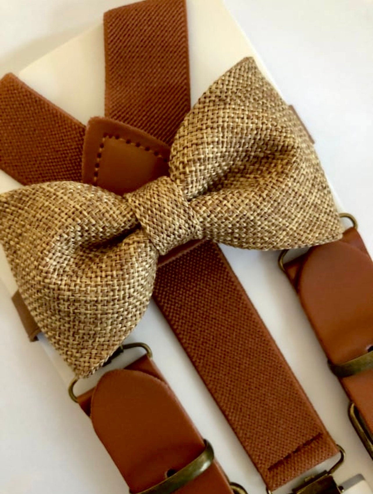 Brown Burlap Bow tie and Brown Cognac Buckle Suspenders.