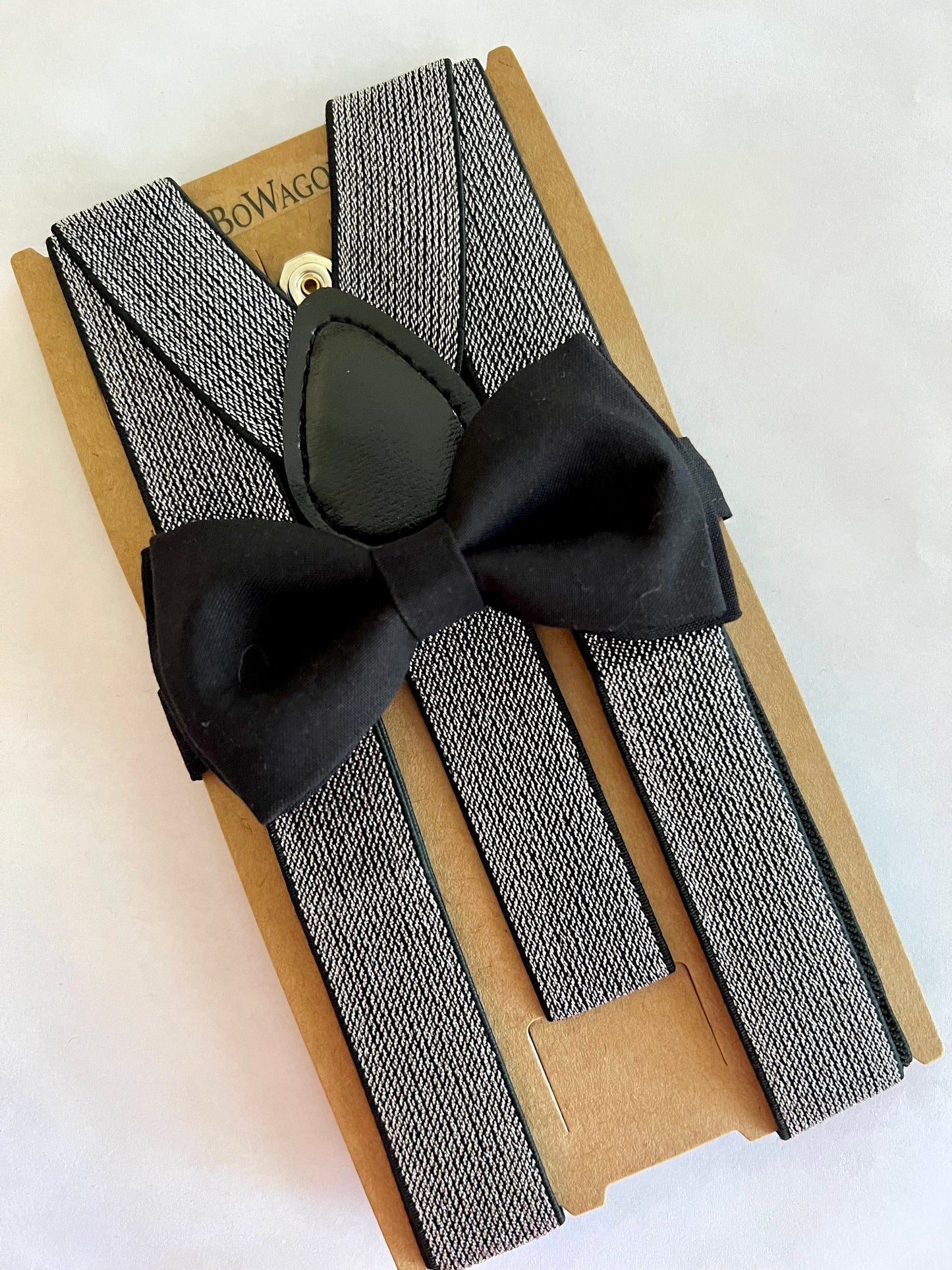 Black Bow Tie and Silver Glitter Suspenders set. /Adults/ Kids